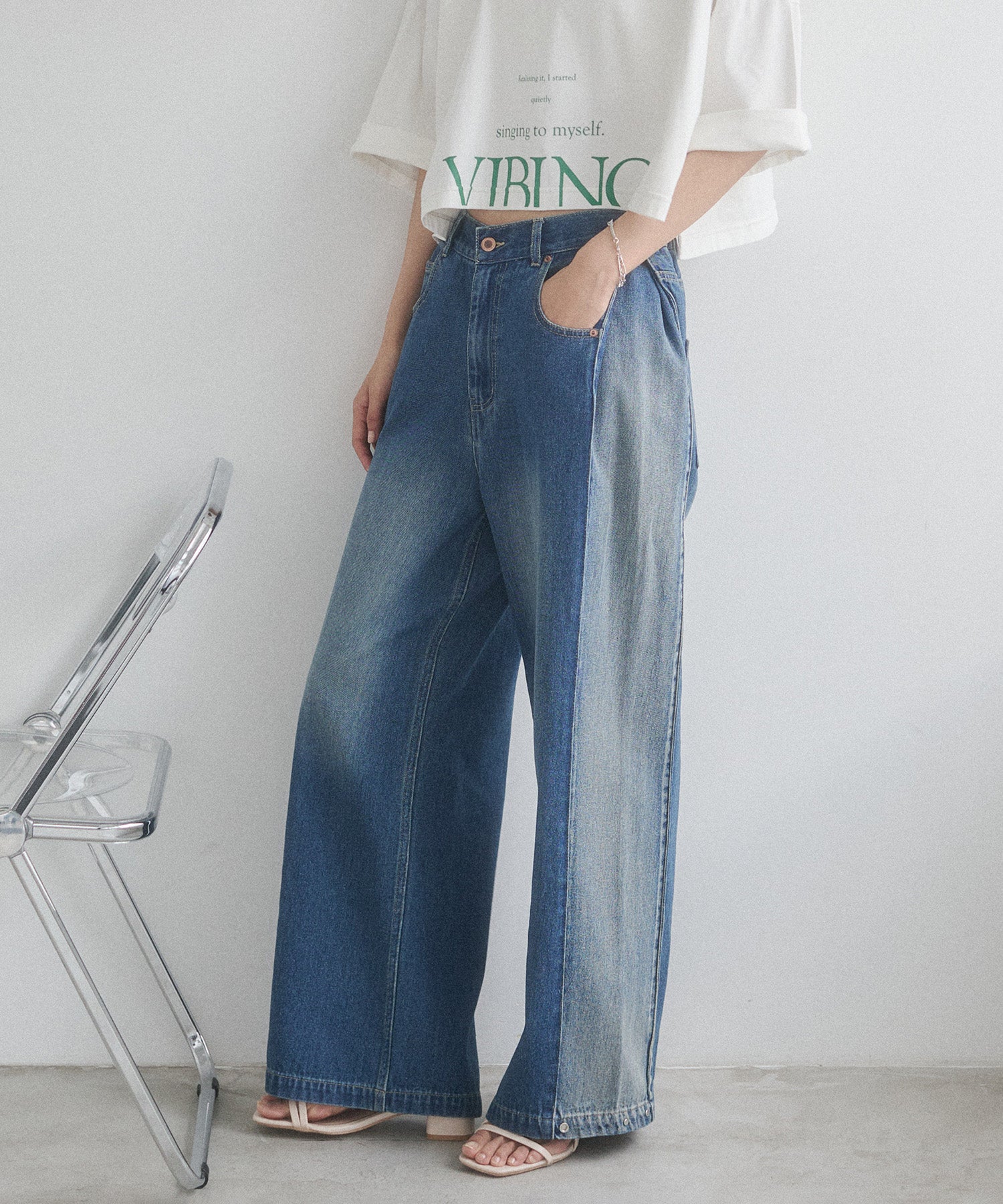 DENIM/TWILL SIDE-TUCK PANTS