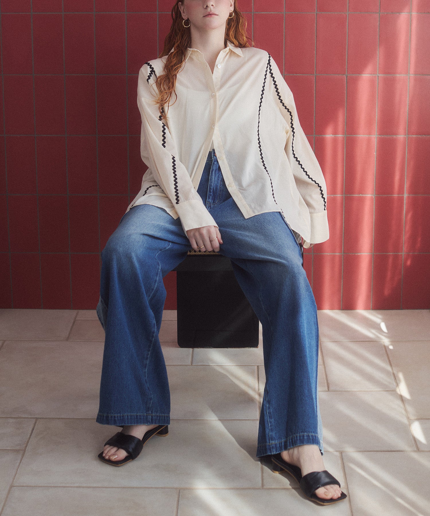 DENIM/TWILL SIDE-TUCK PANTS