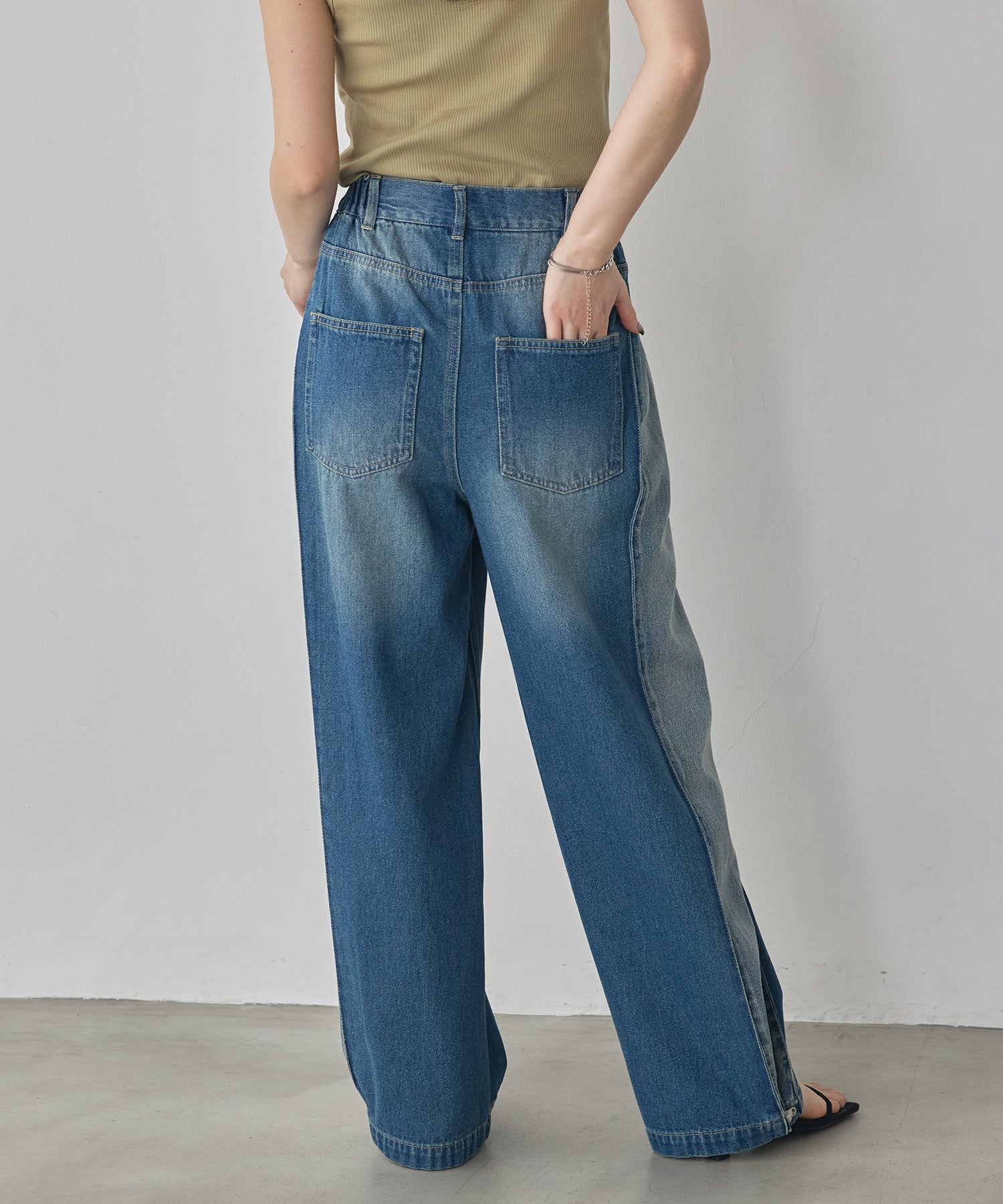 DENIM/TWILL SIDE-TUCK PANTS