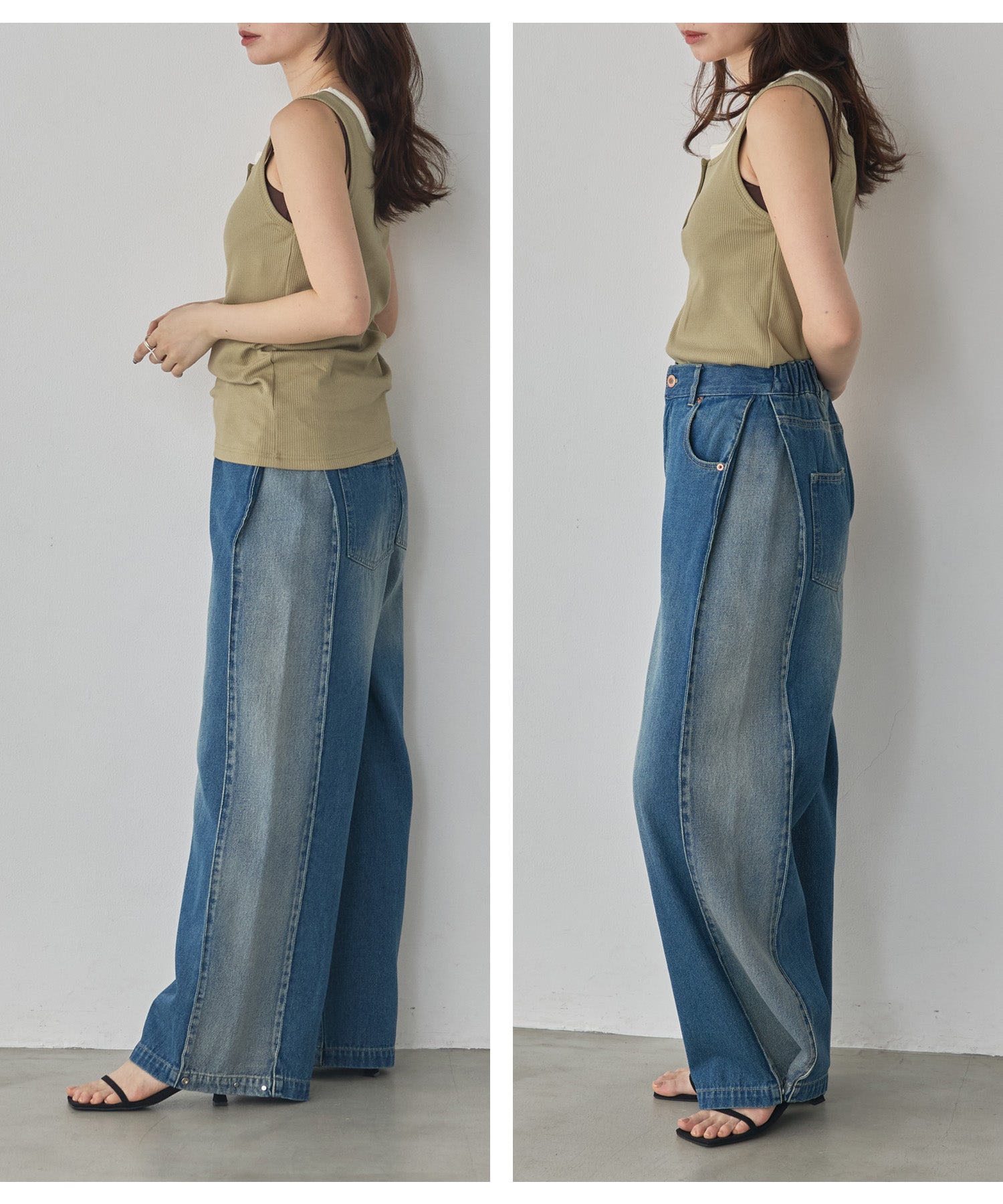 DENIM/TWILL SIDE-TUCK PANTS