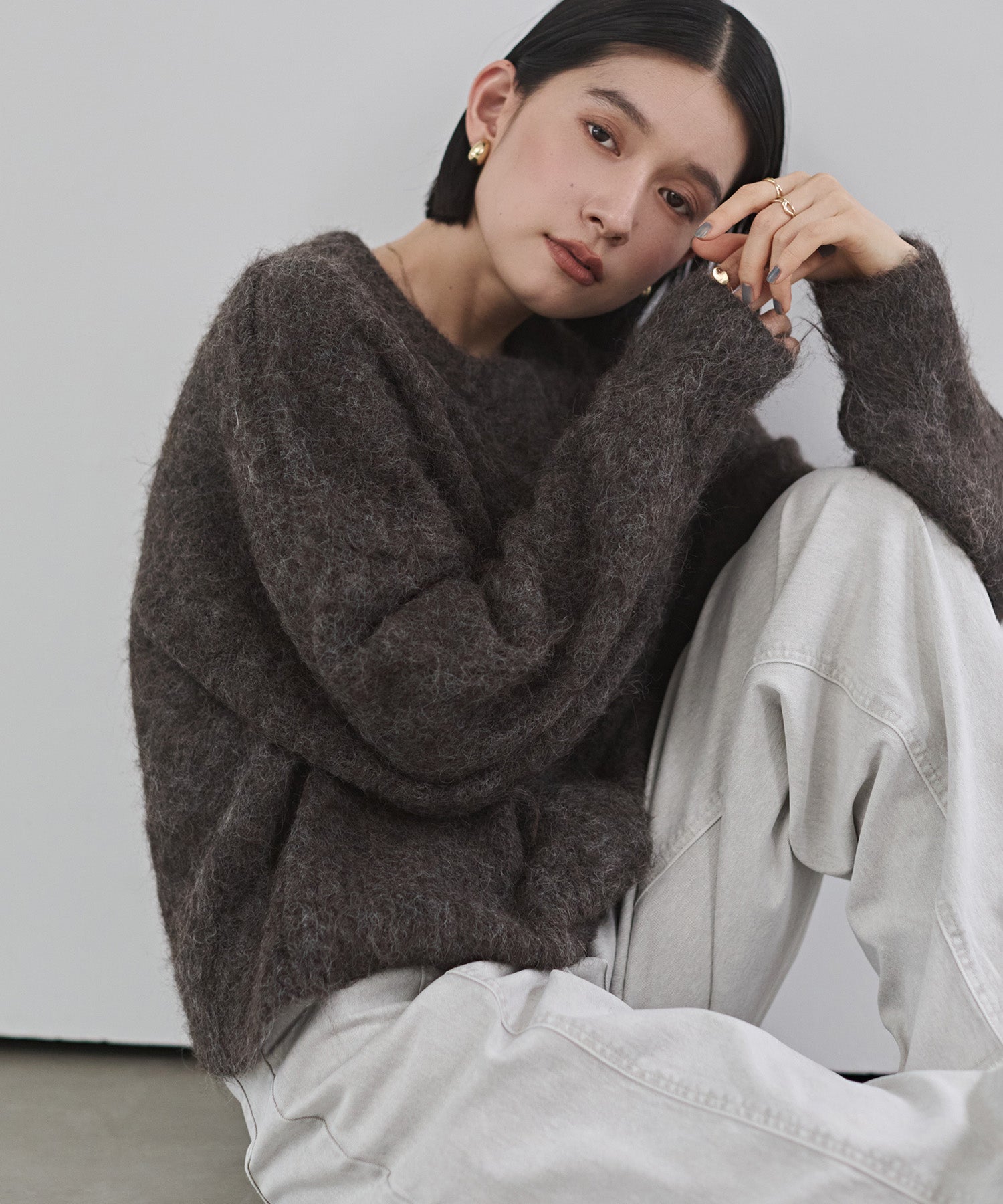 シャギー ミックスカラー起毛ニットカーディガン