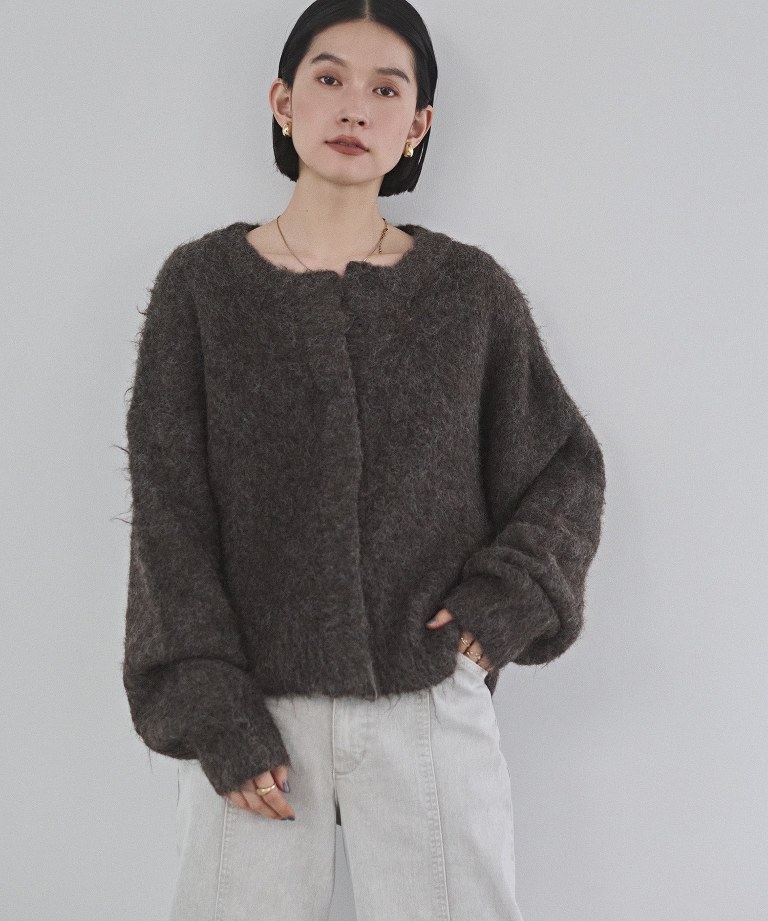 シャギー ミックスカラー起毛ニットカーディガン