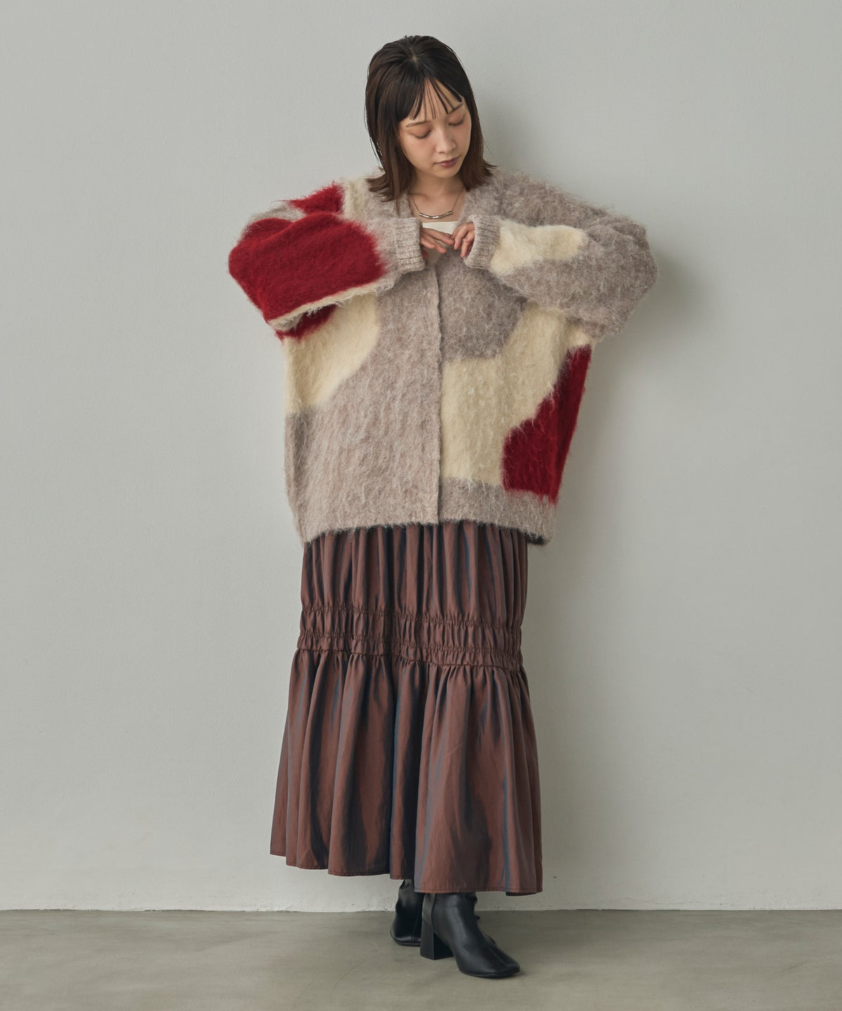 NUANCE-PATTERNED BLOCK KNIT CARDIGAN