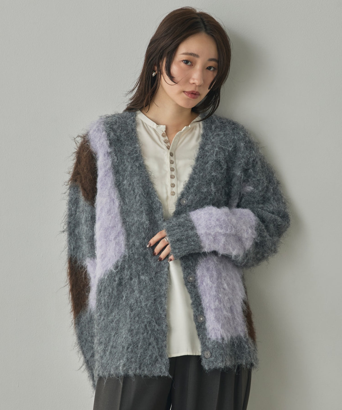 NUANCE-PATTERNED BLOCK KNIT CARDIGAN
