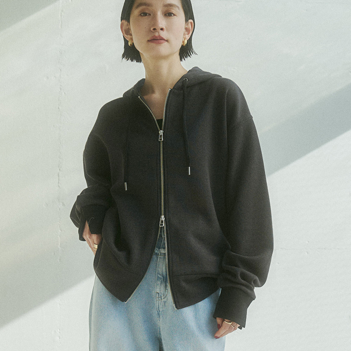 DOUBLE FACE RIB ZIP HOODIE