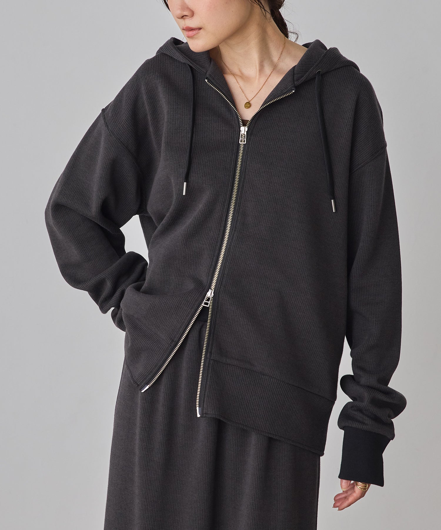 DOUBLE FACE RIB ZIP HOODIE