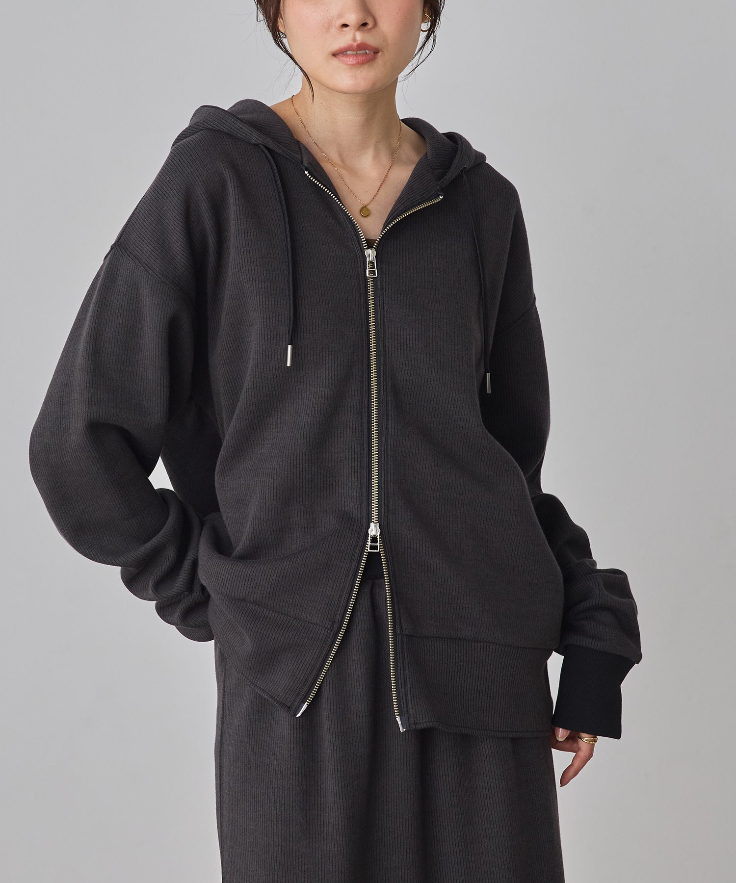 DOUBLE FACE RIB ZIP HOODIE