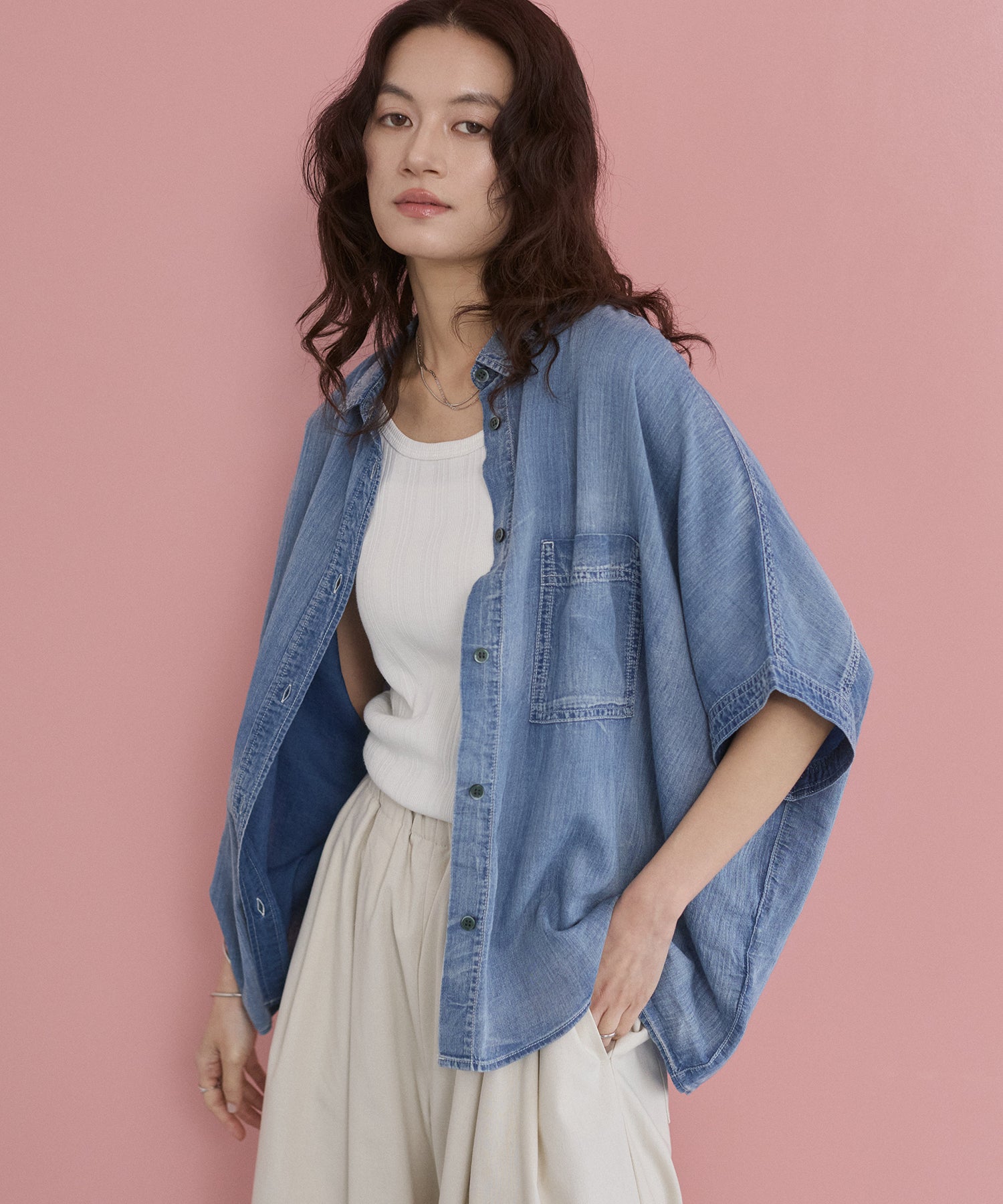 [PRE-ORDER]SHEER DENIM SHORT-SLEEVE SHIRT