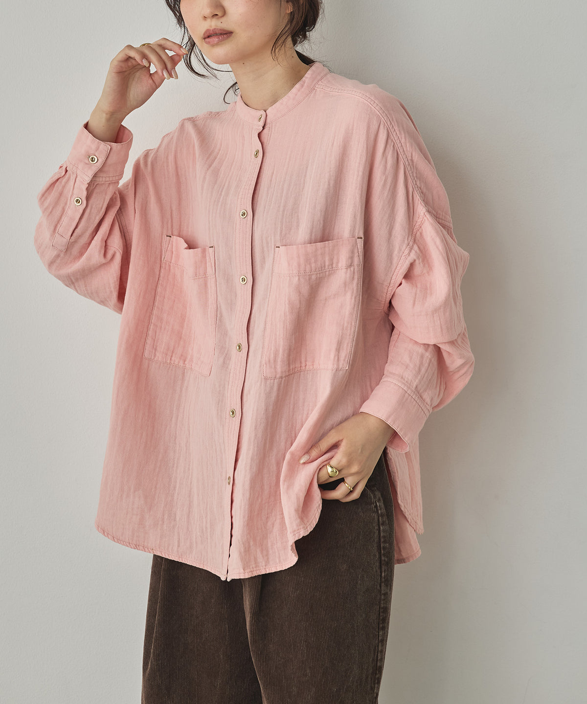 BAND-COLLAR DOUBLE-GAUZE SHIRT