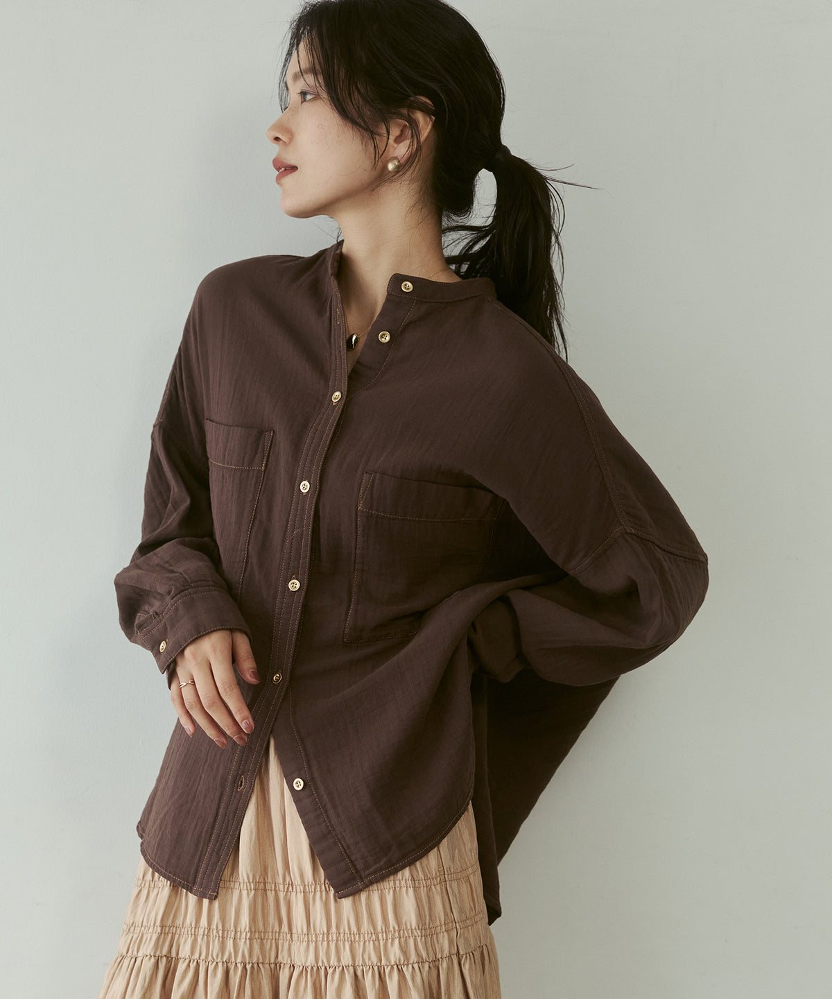 BAND-COLLAR DOUBLE-GAUZE SHIRT
