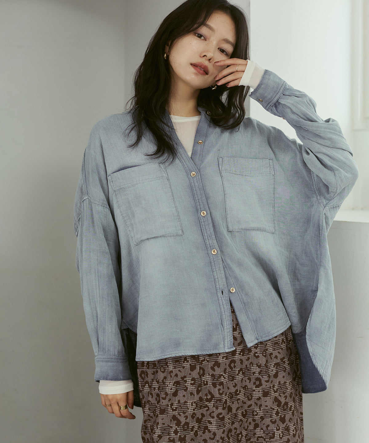 BAND-COLLAR DOUBLE-GAUZE SHIRT