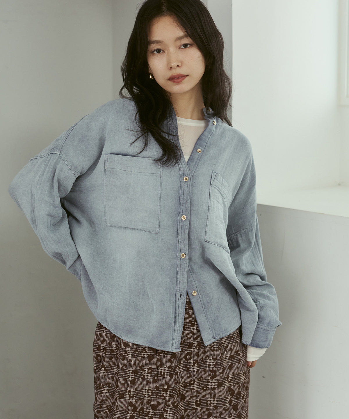 BAND-COLLAR DOUBLE-GAUZE SHIRT