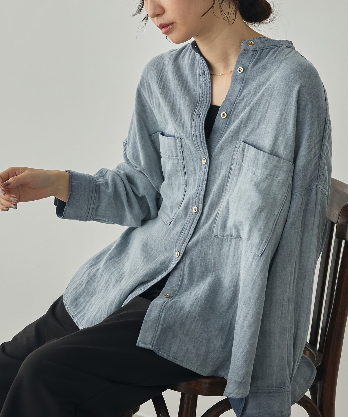BAND-COLLAR DOUBLE-GAUZE SHIRT