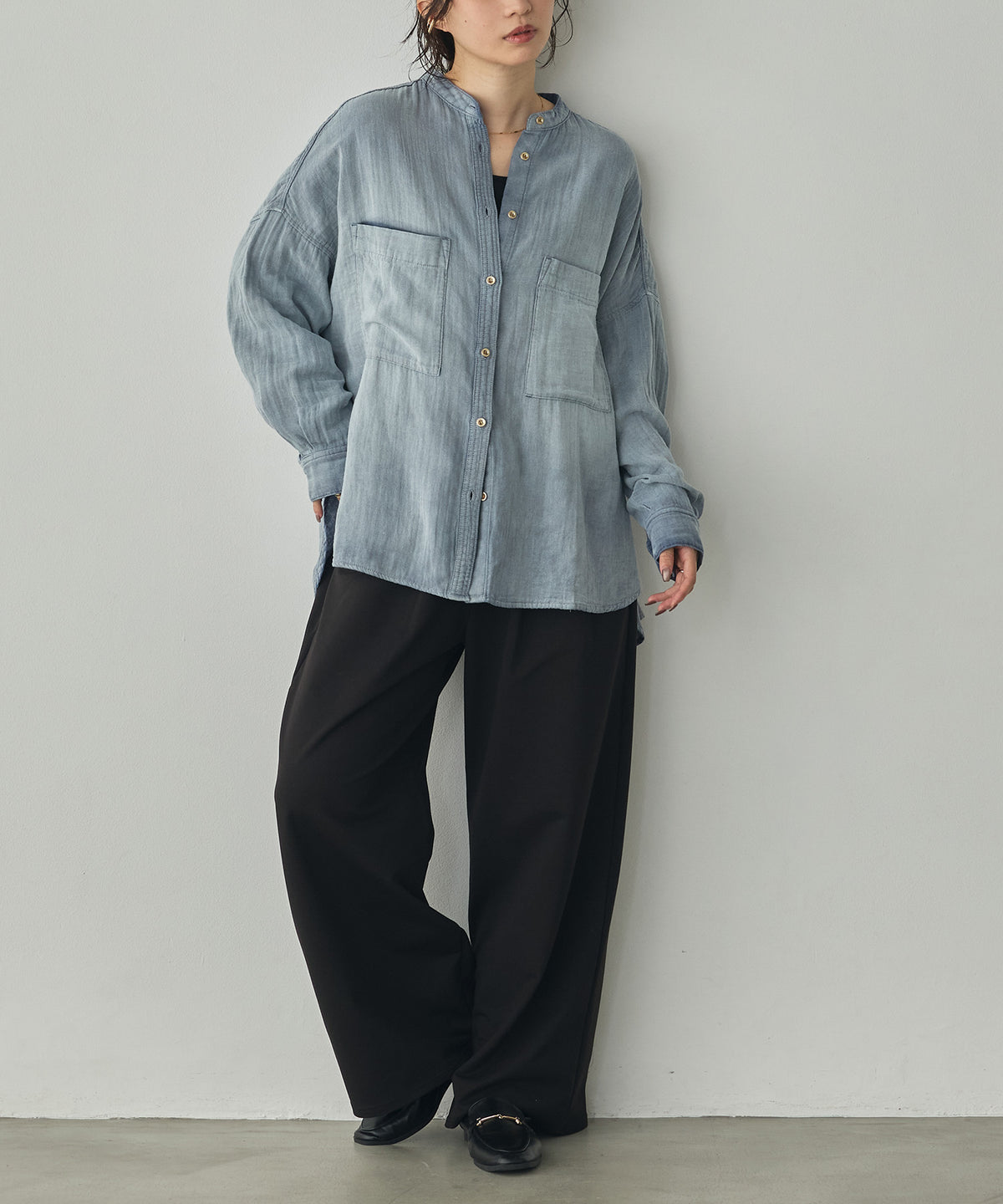 BAND-COLLAR DOUBLE-GAUZE SHIRT