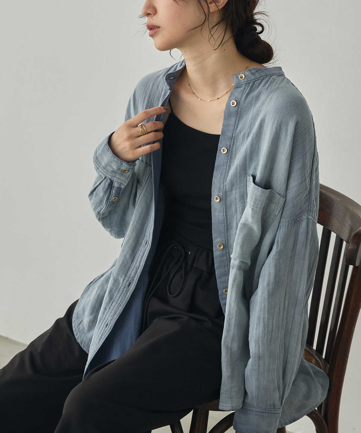 BAND-COLLAR DOUBLE-GAUZE SHIRT