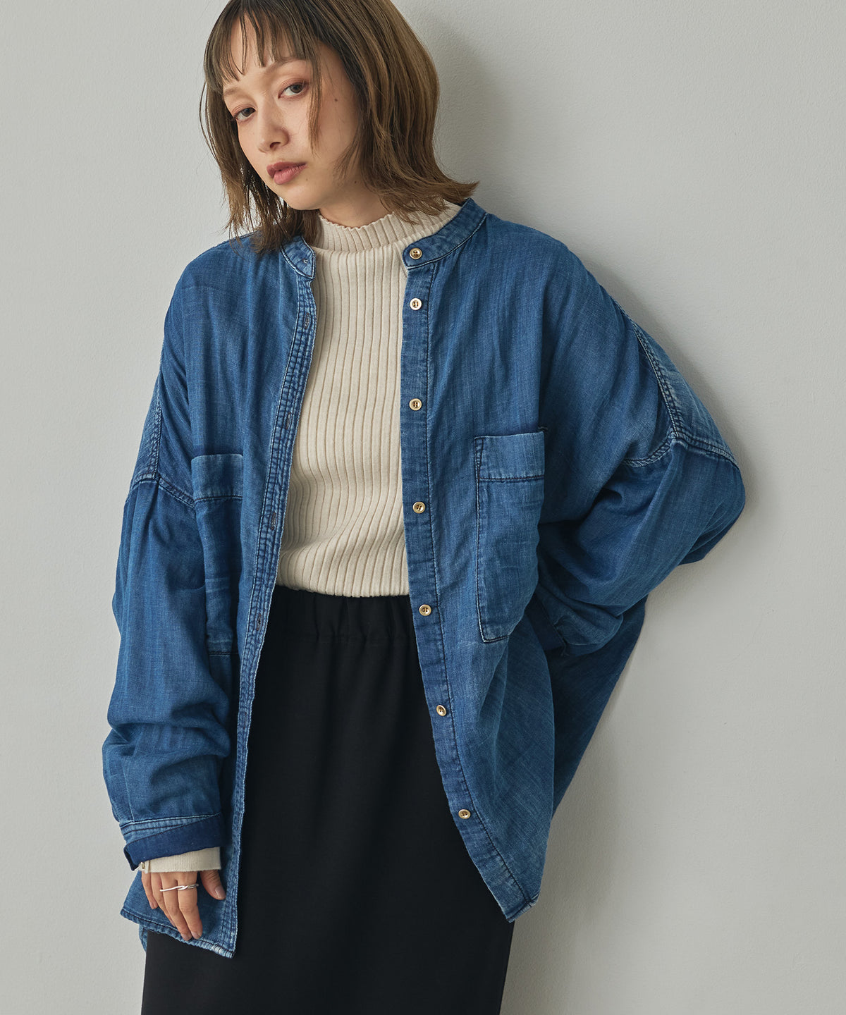 BAND-COLLAR DOUBLE-GAUZE SHIRT