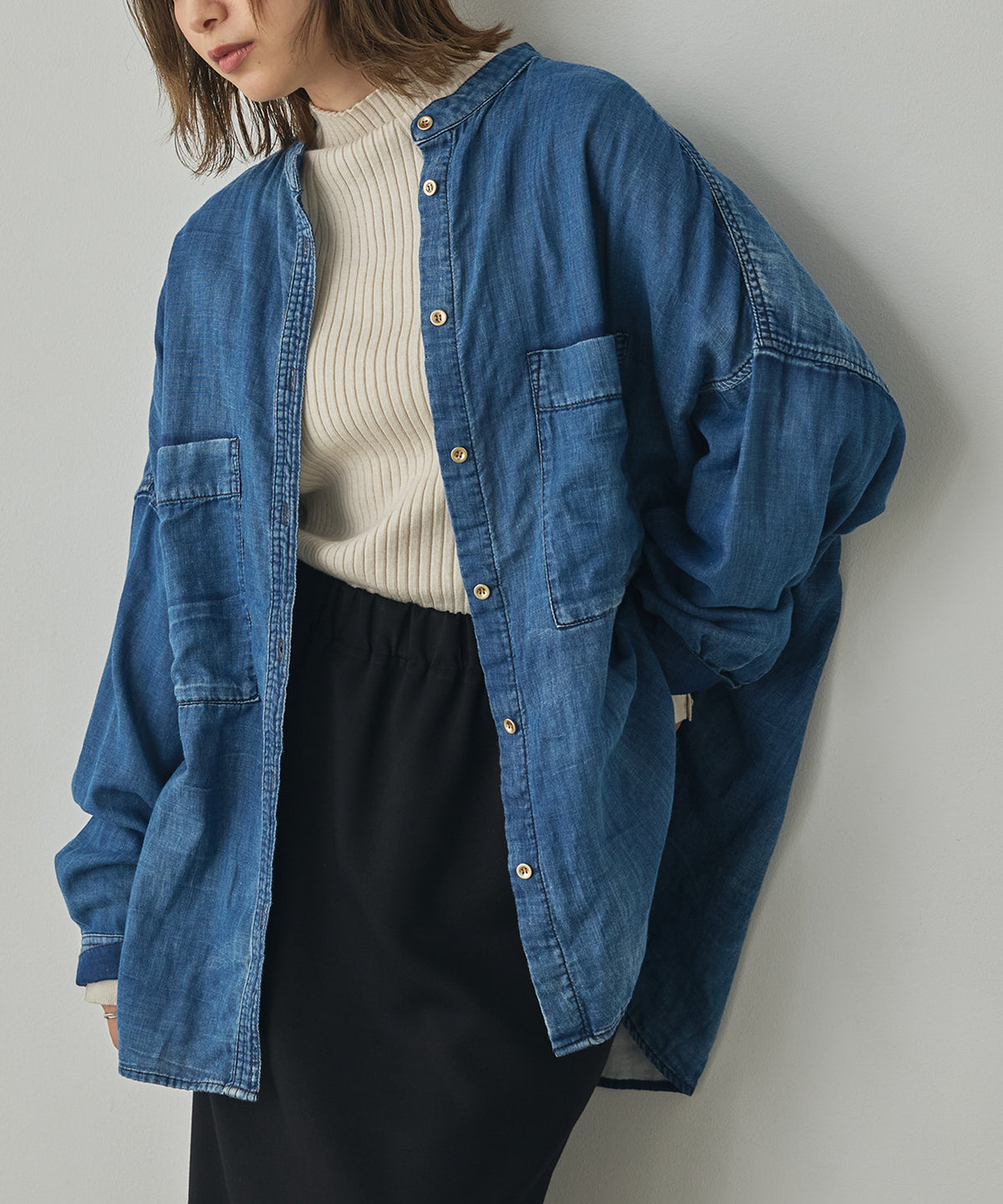 BAND-COLLAR DOUBLE-GAUZE SHIRT