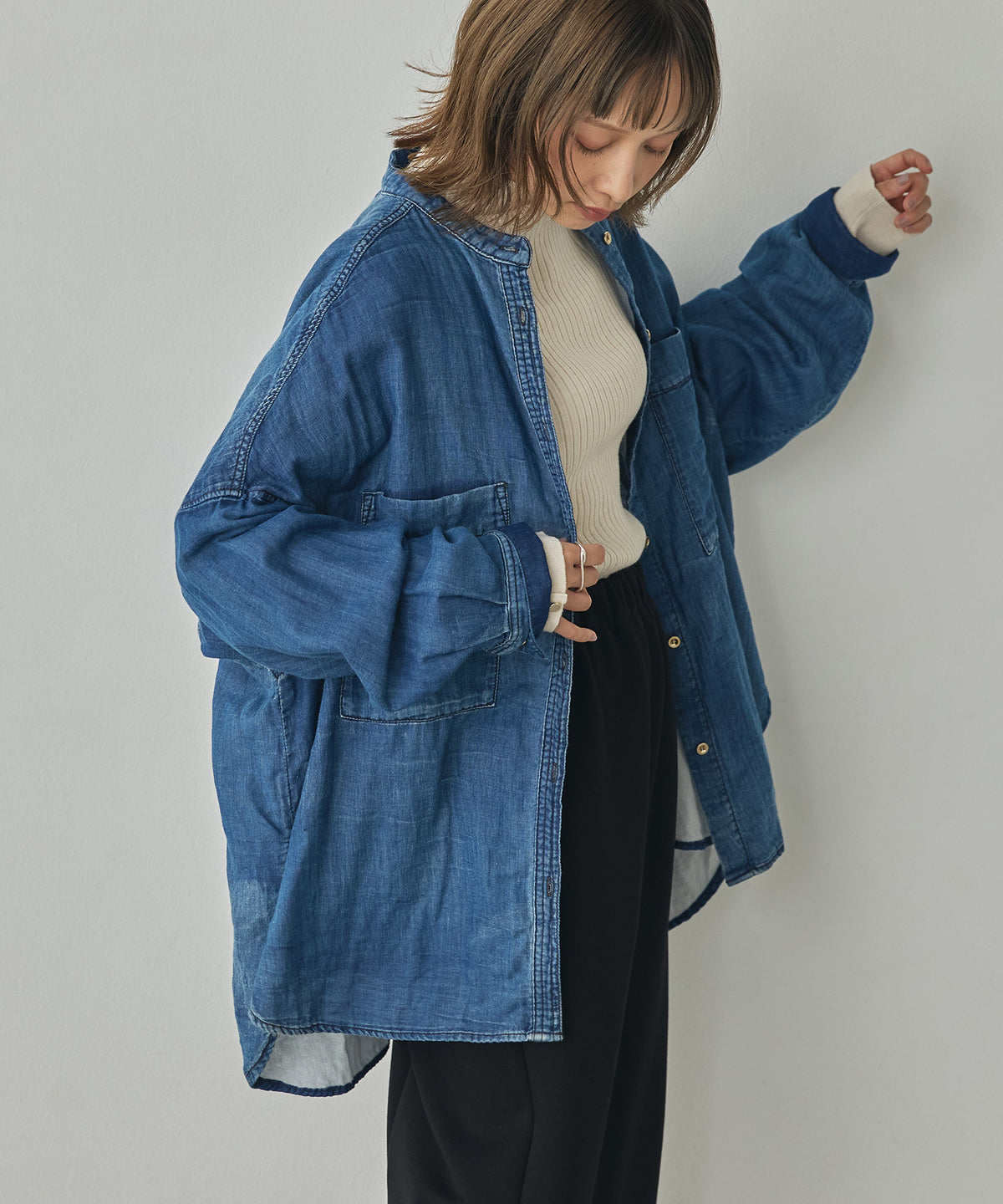 BAND-COLLAR DOUBLE-GAUZE SHIRT