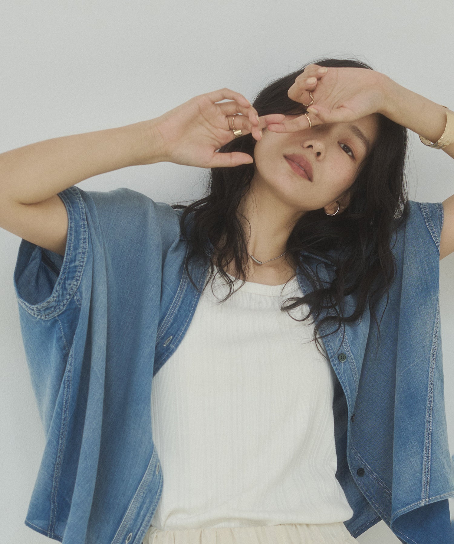 [PRE-ORDER]SHEER DENIM SHORT-SLEEVE SKIPPER SHIRT