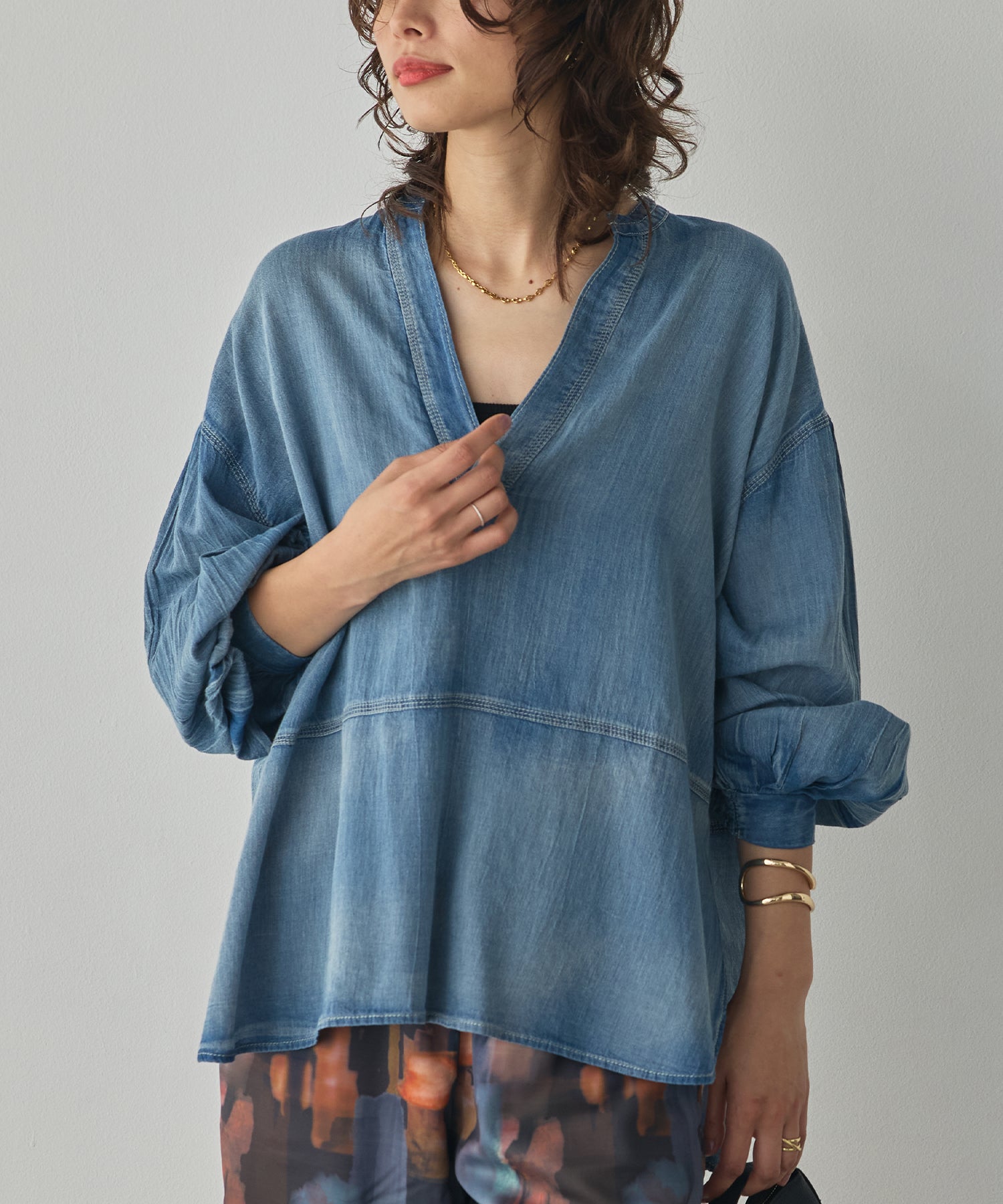 SHEER DENIM SKIPPER TOPS
