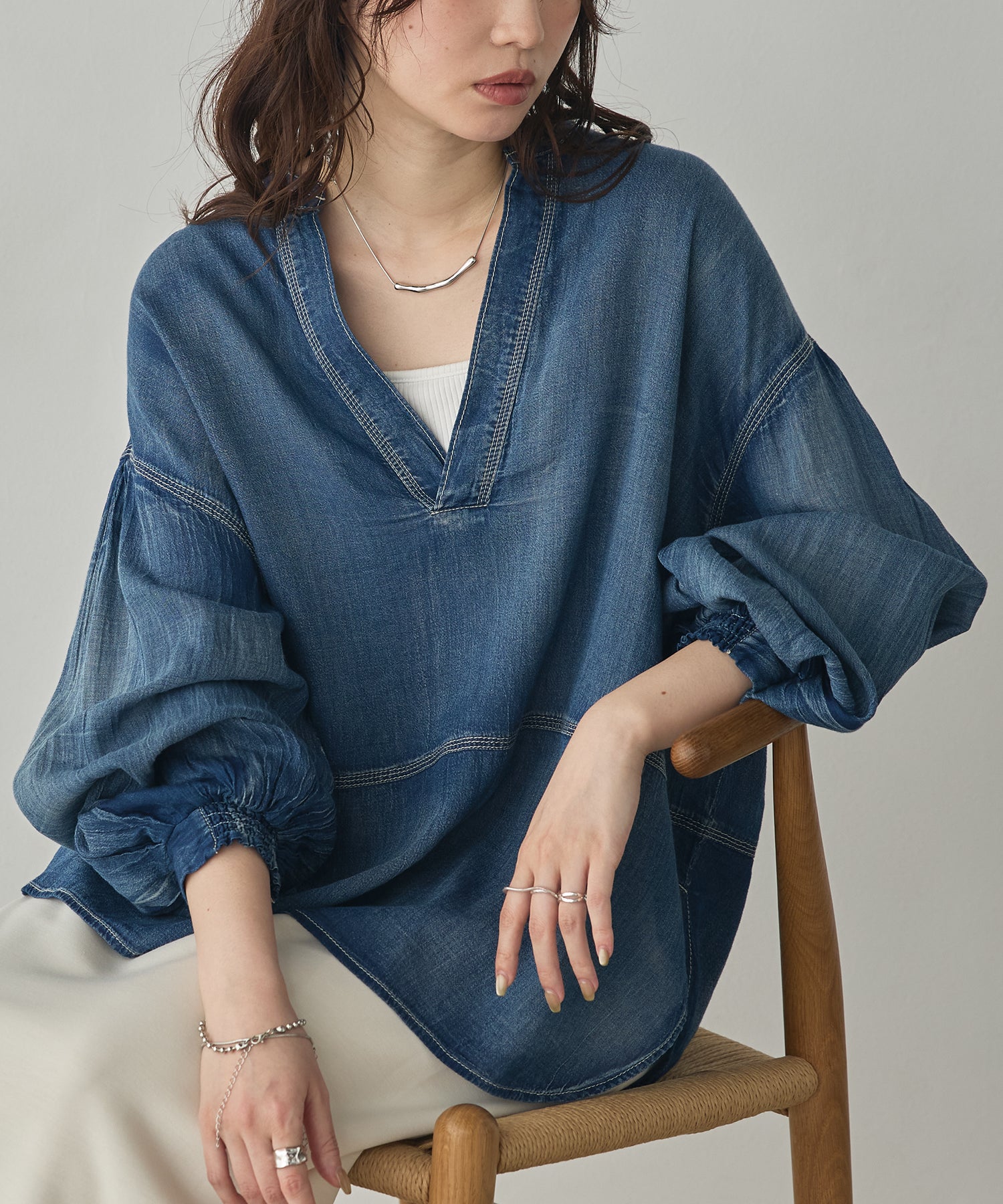 SHEER DENIM SKIPPER TOPS