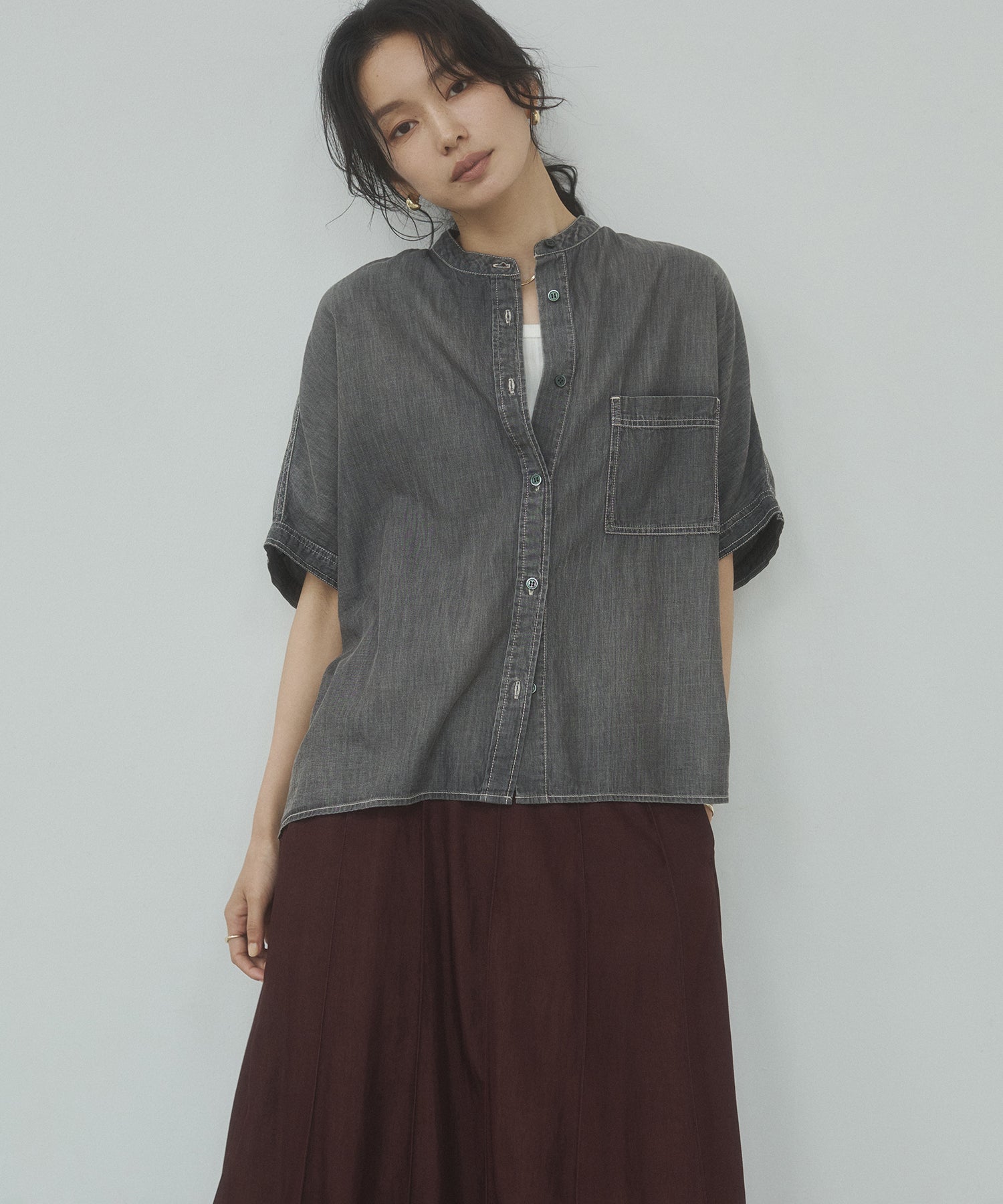 [PRE-ORDER]SHEER DENIM OVERSIZED SHORT-SLEEVE SHIRT