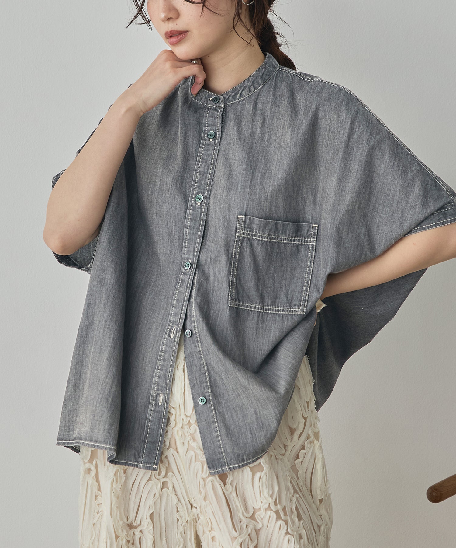 SHEER DENIM OVERSIZED SHORT-SLEEVE SHIRT