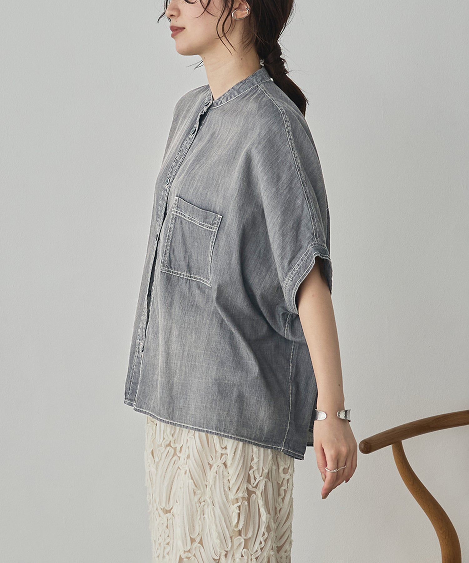 SHEER DENIM OVERSIZED SHORT-SLEEVE SHIRT