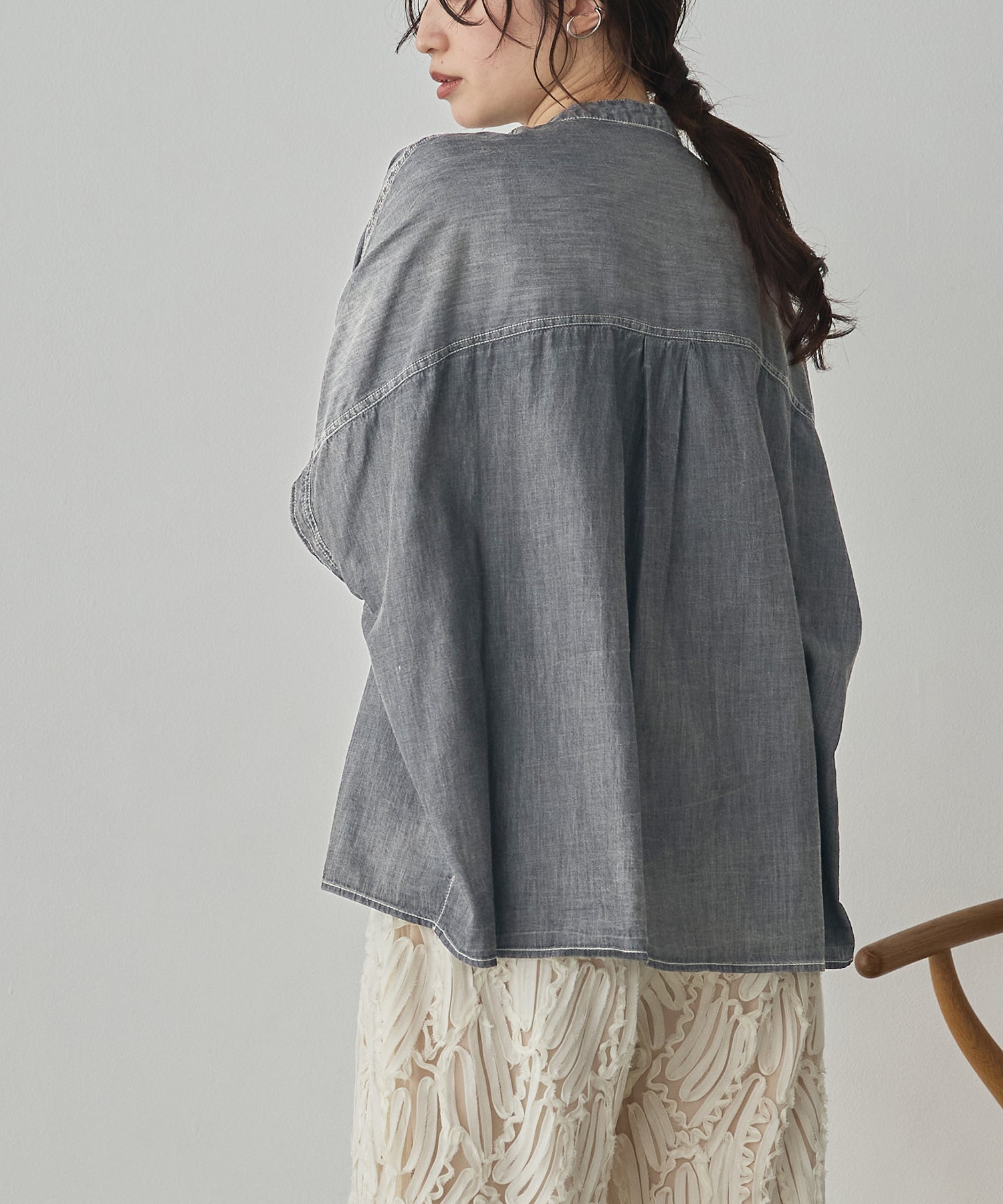 SHEER DENIM OVERSIZED SHORT-SLEEVE SHIRT