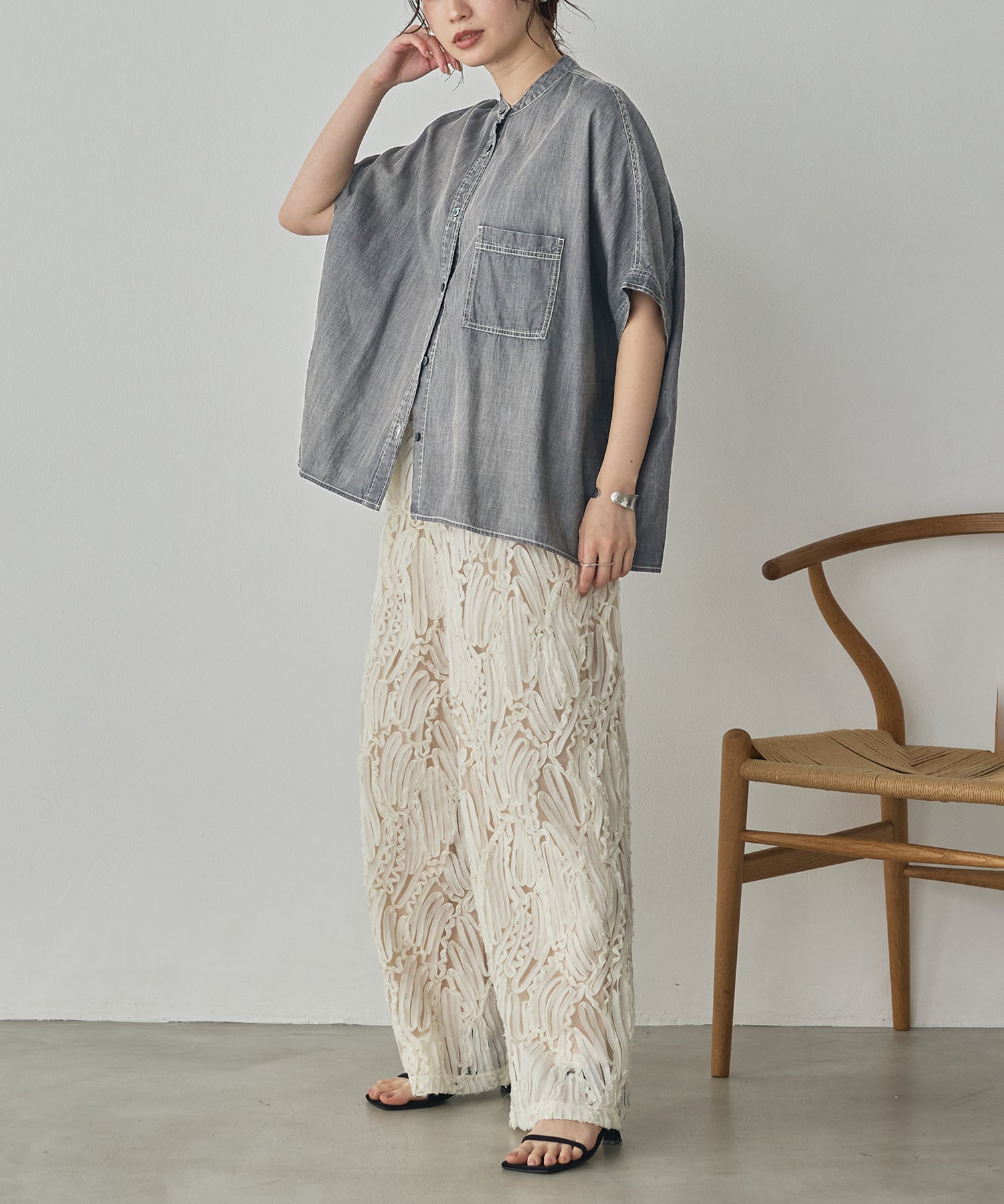 SHEER DENIM OVERSIZED SHORT-SLEEVE SHIRT