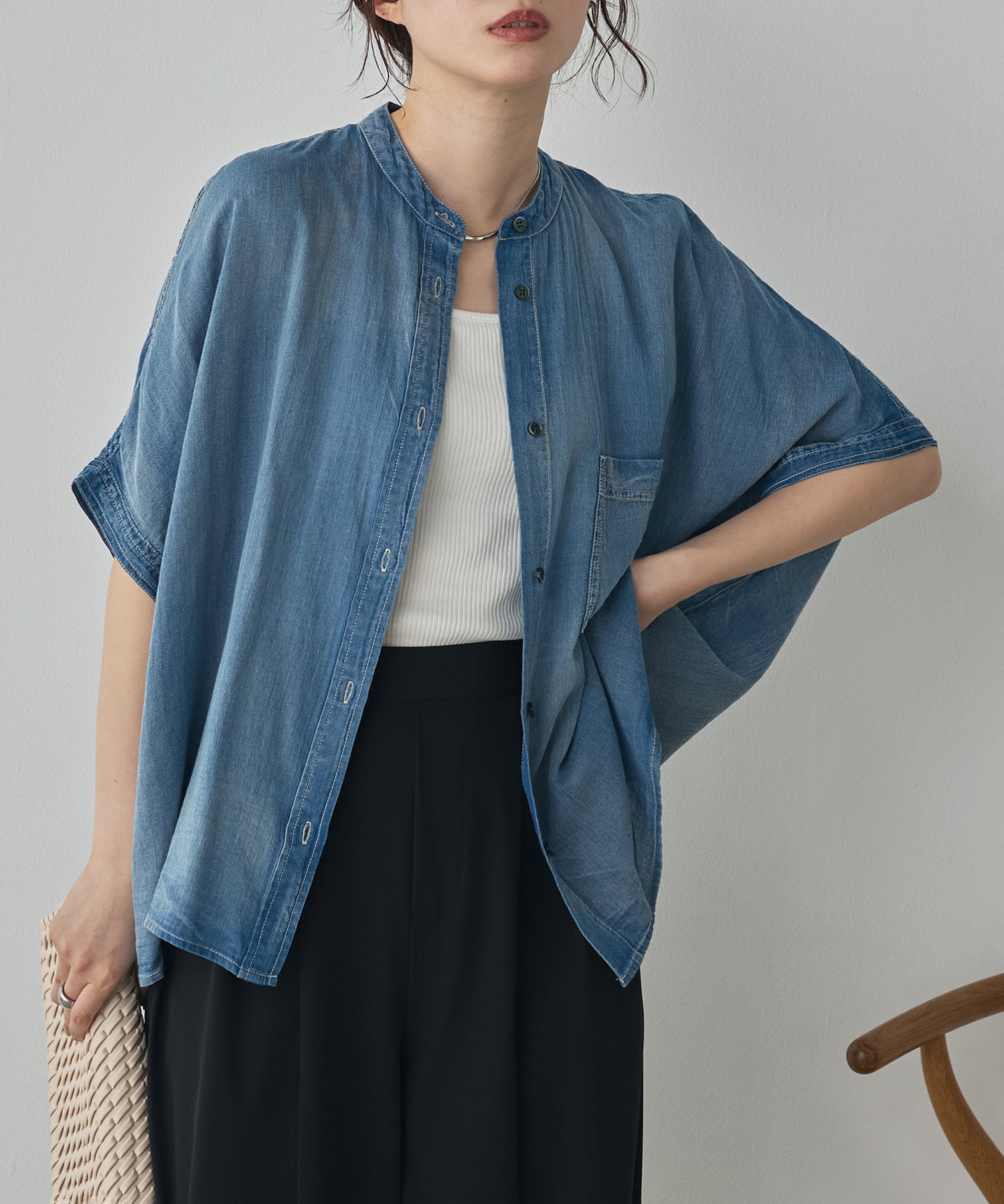 [PRE-ORDER]SHEER DENIM OVERSIZED SHORT-SLEEVE SHIRT