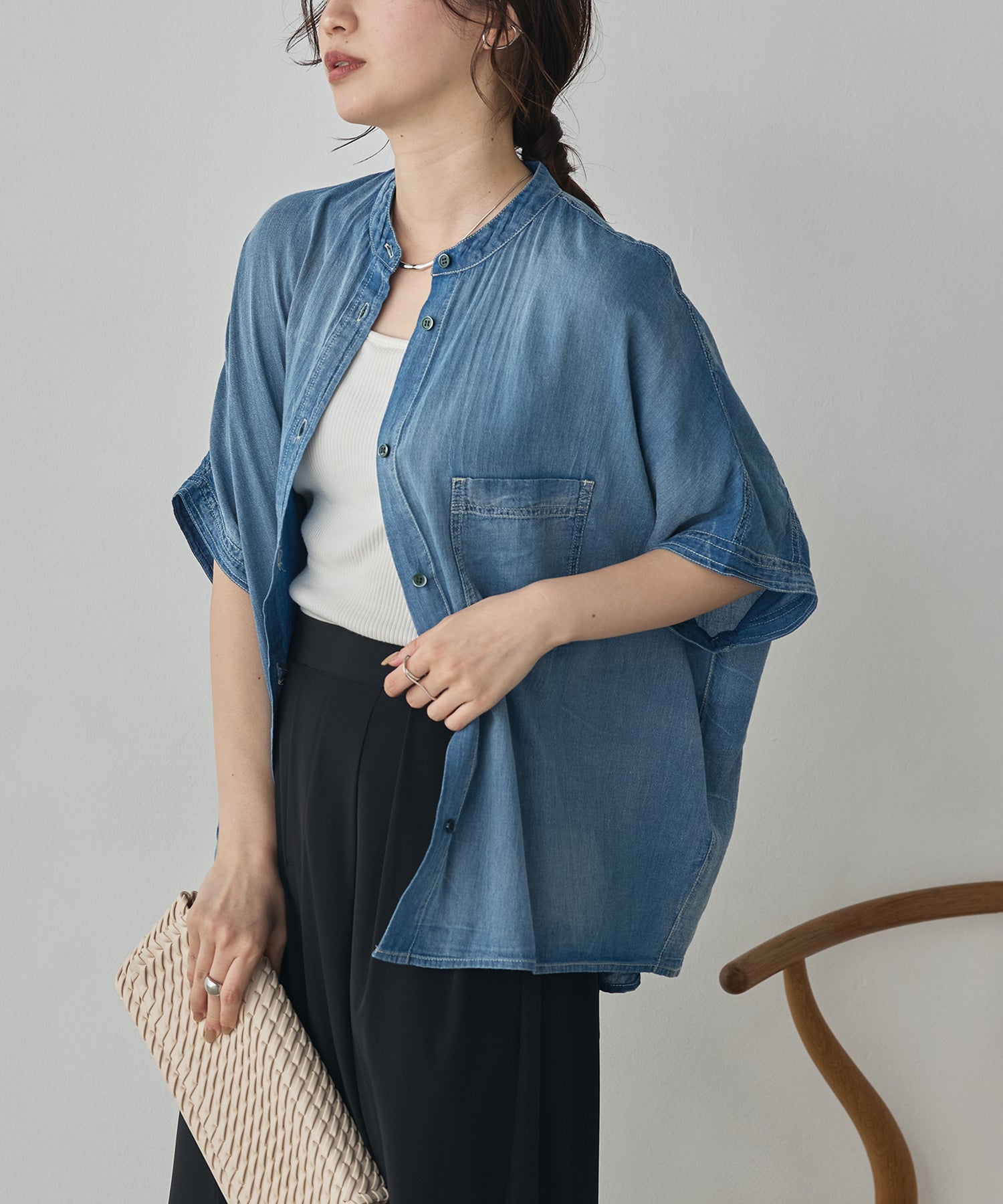[PRE-ORDER]SHEER DENIM OVERSIZED SHORT-SLEEVE SHIRT