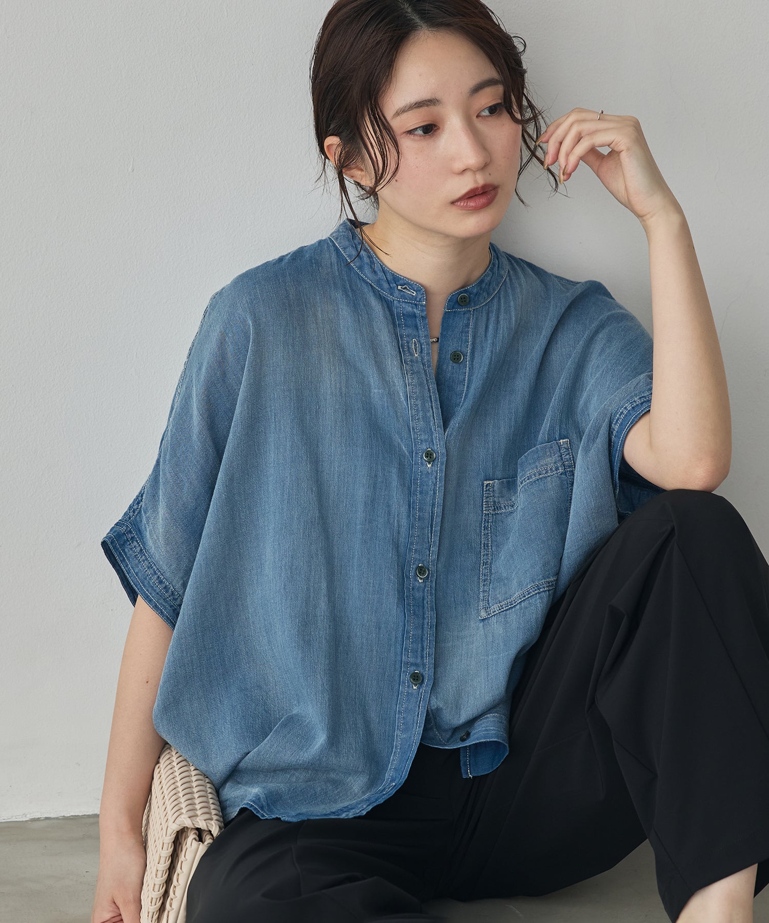 [PRE-ORDER]SHEER DENIM OVERSIZED SHORT-SLEEVE SHIRT