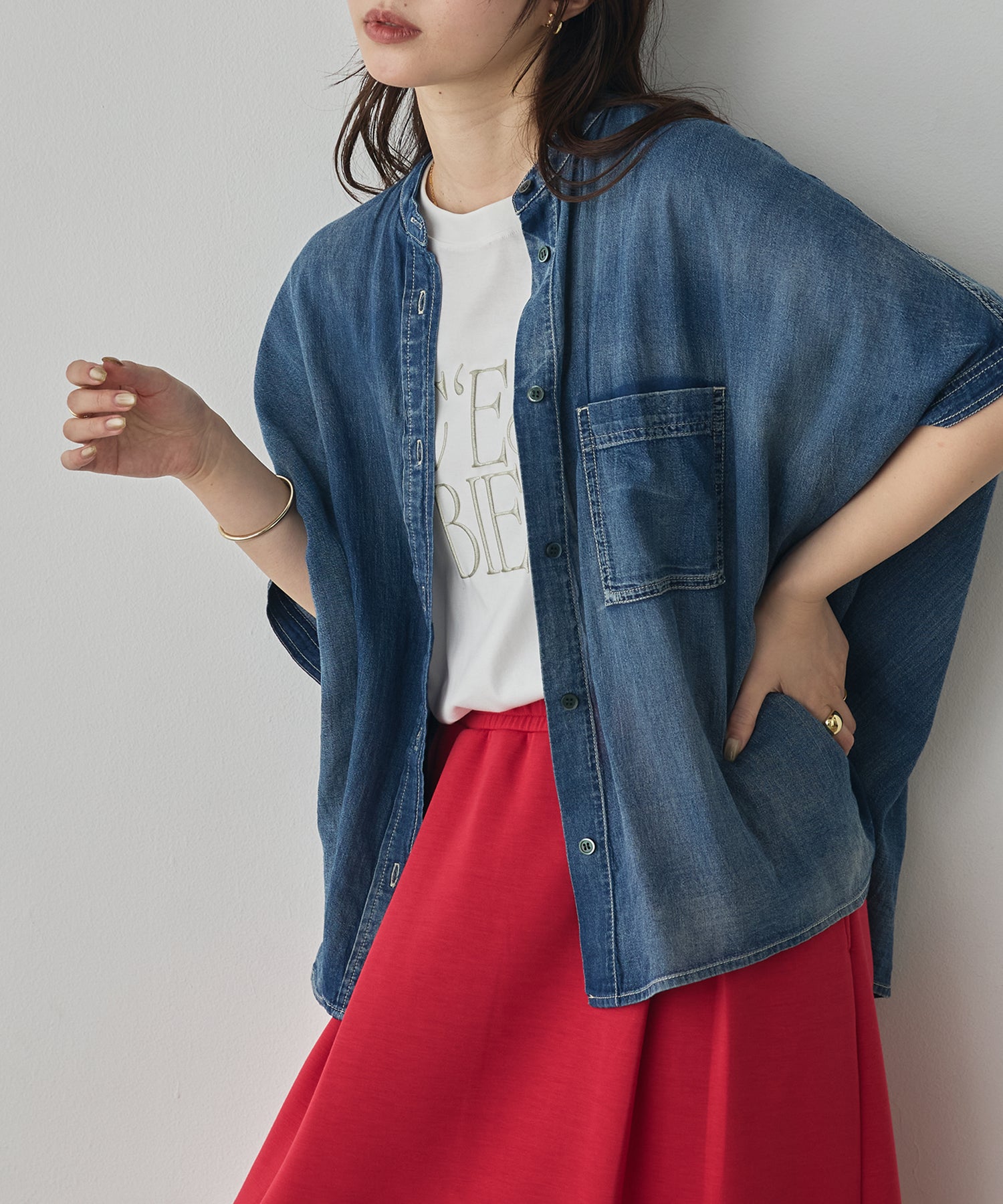 [PRE-ORDER]SHEER DENIM OVERSIZED SHORT-SLEEVE SHIRT