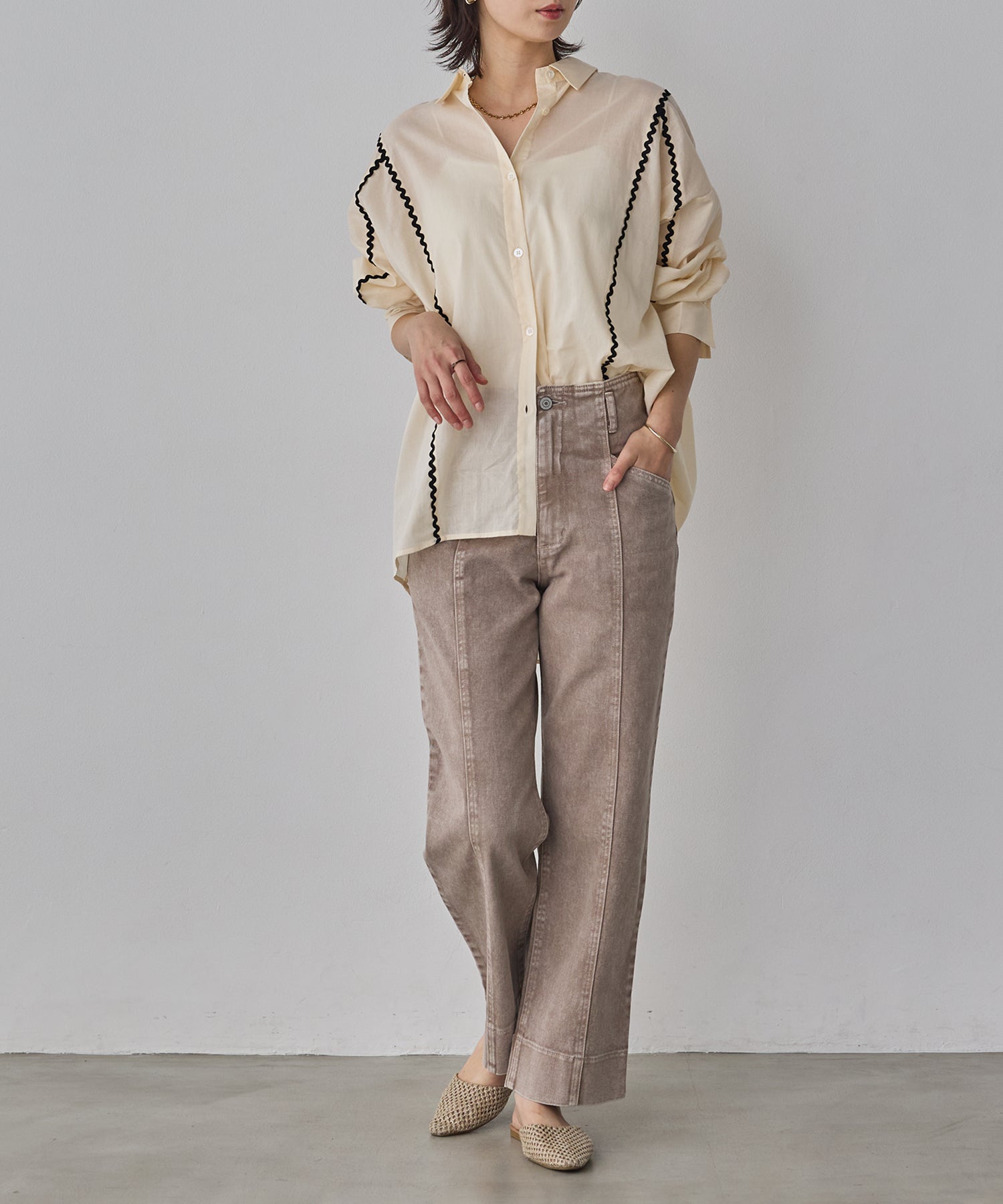 コットンボイル 配色ラインシャツ