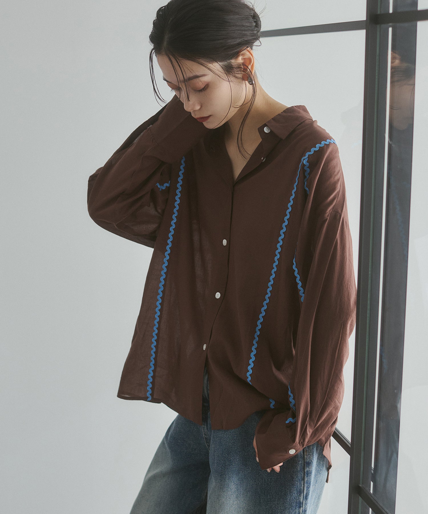 コットンボイル 配色ラインシャツ