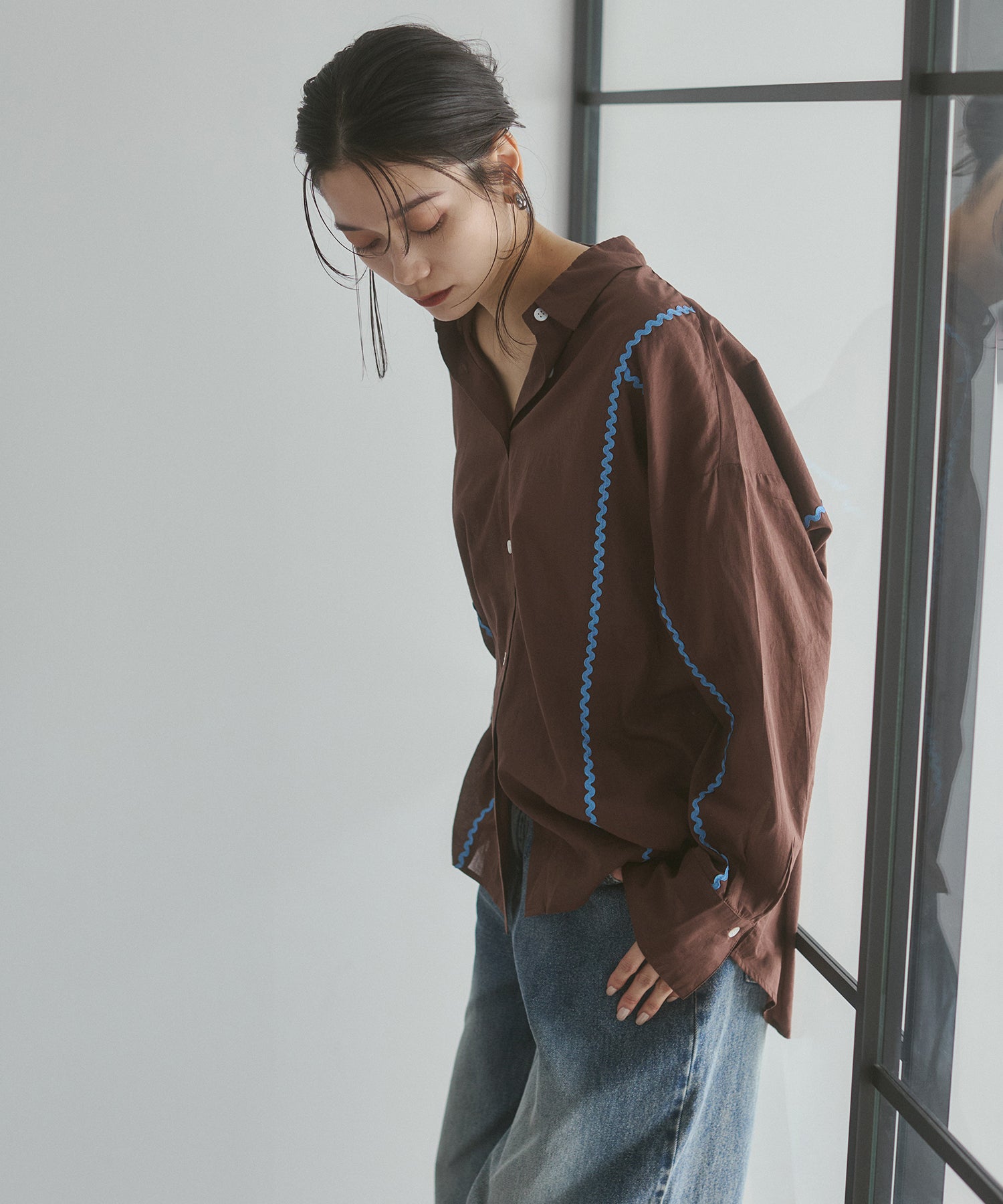 コットンボイル 配色ラインシャツ