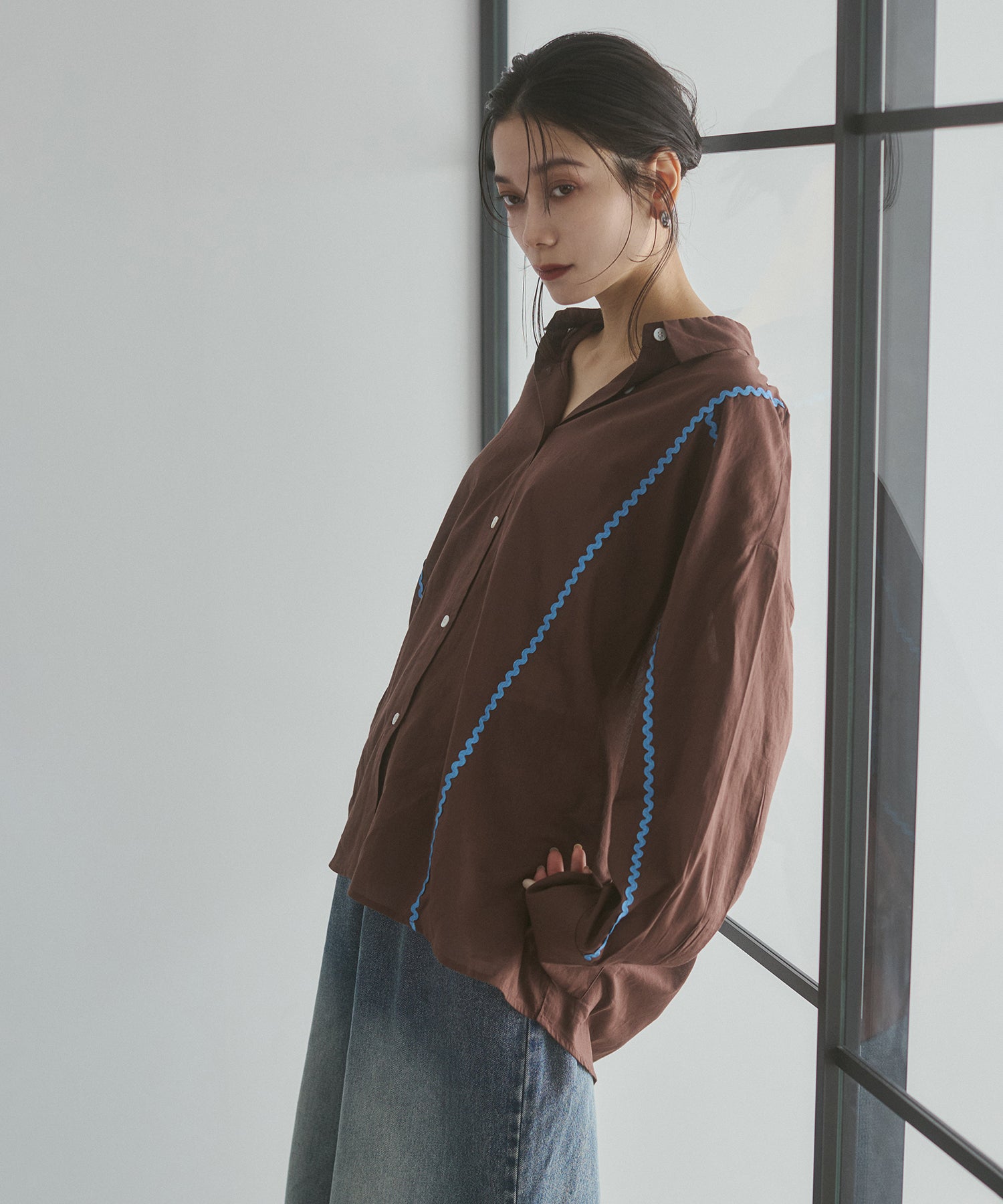 コットンボイル 配色ラインシャツ