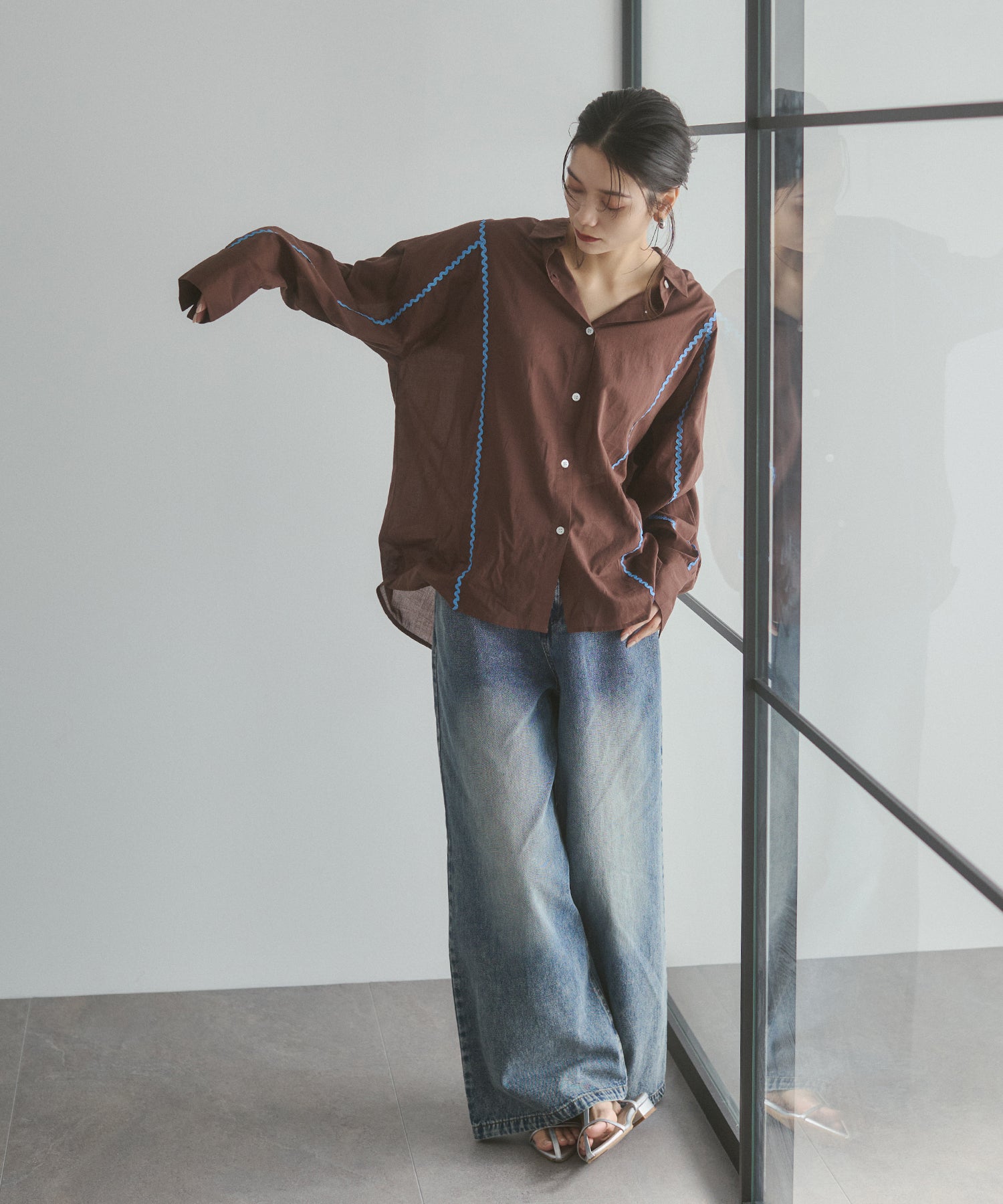 コットンボイル 配色ラインシャツ