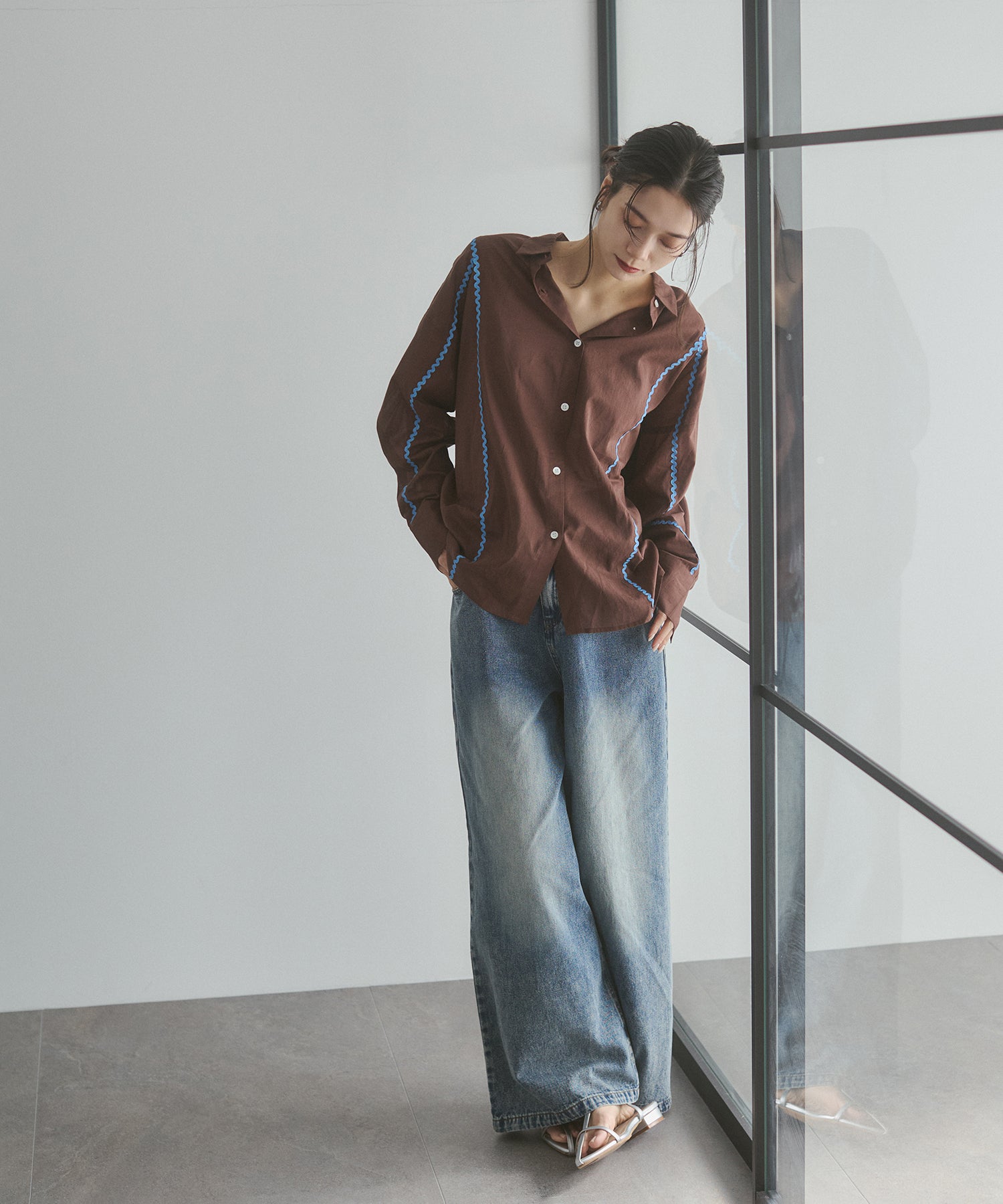 コットンボイル 配色ラインシャツ