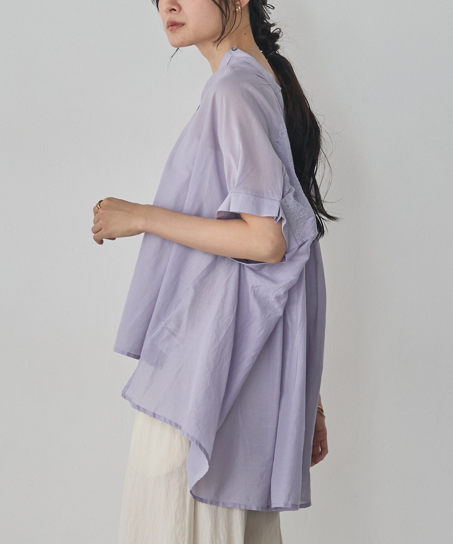 EMBROIDERED PANELS COTTON VOILE BLOUSE