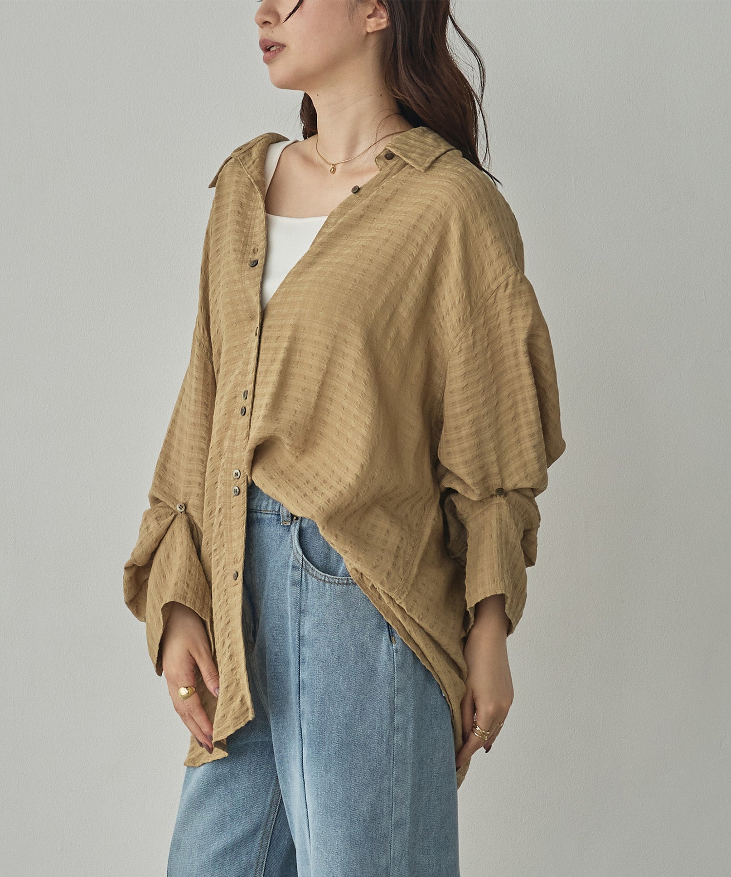 DOBBY CHECK 2-WAY SLEEVE OVERSIZED SHIRT