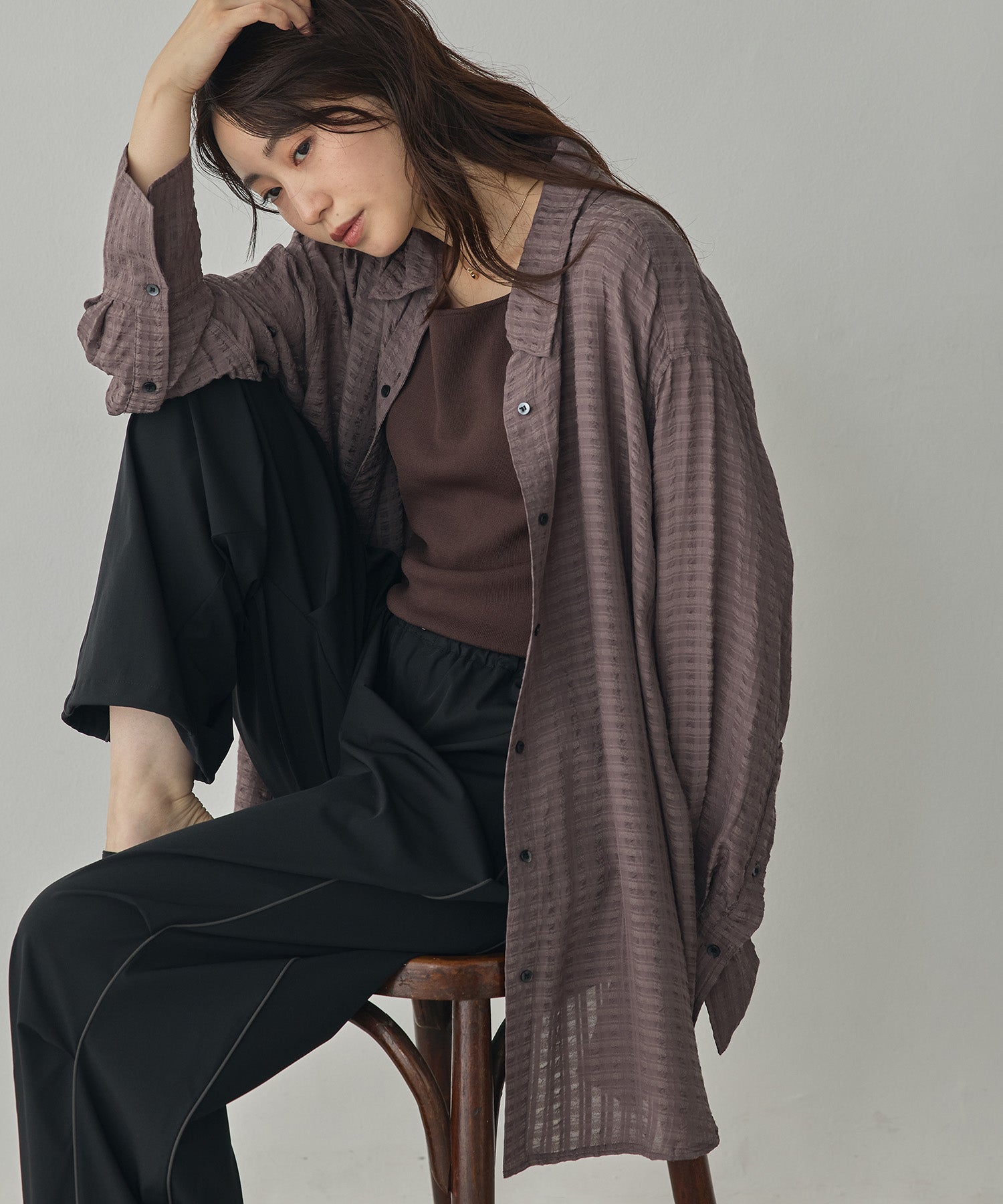 DOBBY CHECK 2-WAY SLEEVE OVERSIZED SHIRT