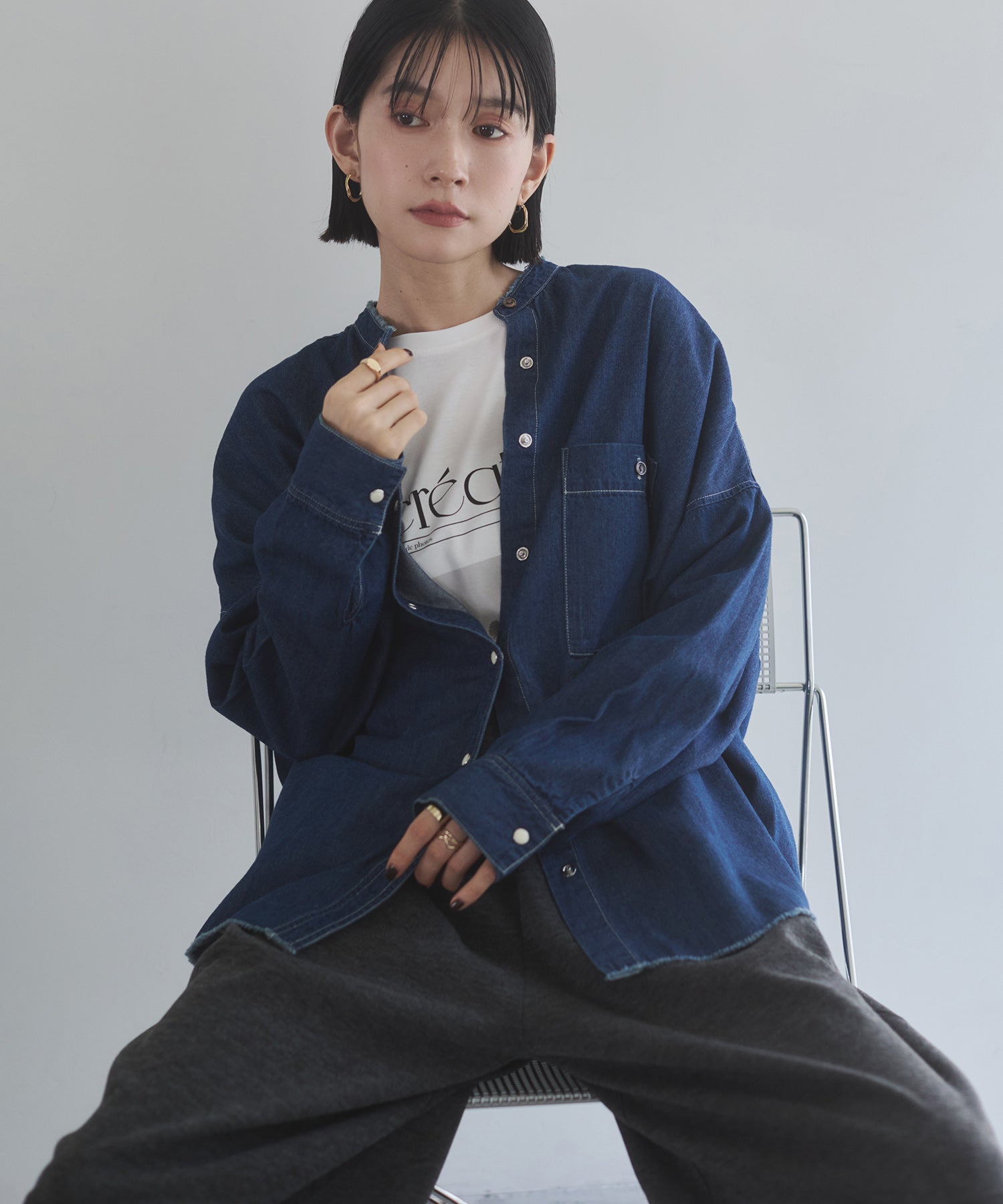【WEB限定/別注】 バンドカラー オーバーサイズ デニムシャツ