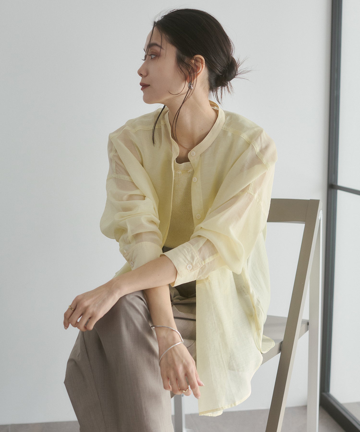 lohen ローヘン　band collar sheer shirt LIMITED] SHEER BAND COLLAR OVERSHIRT