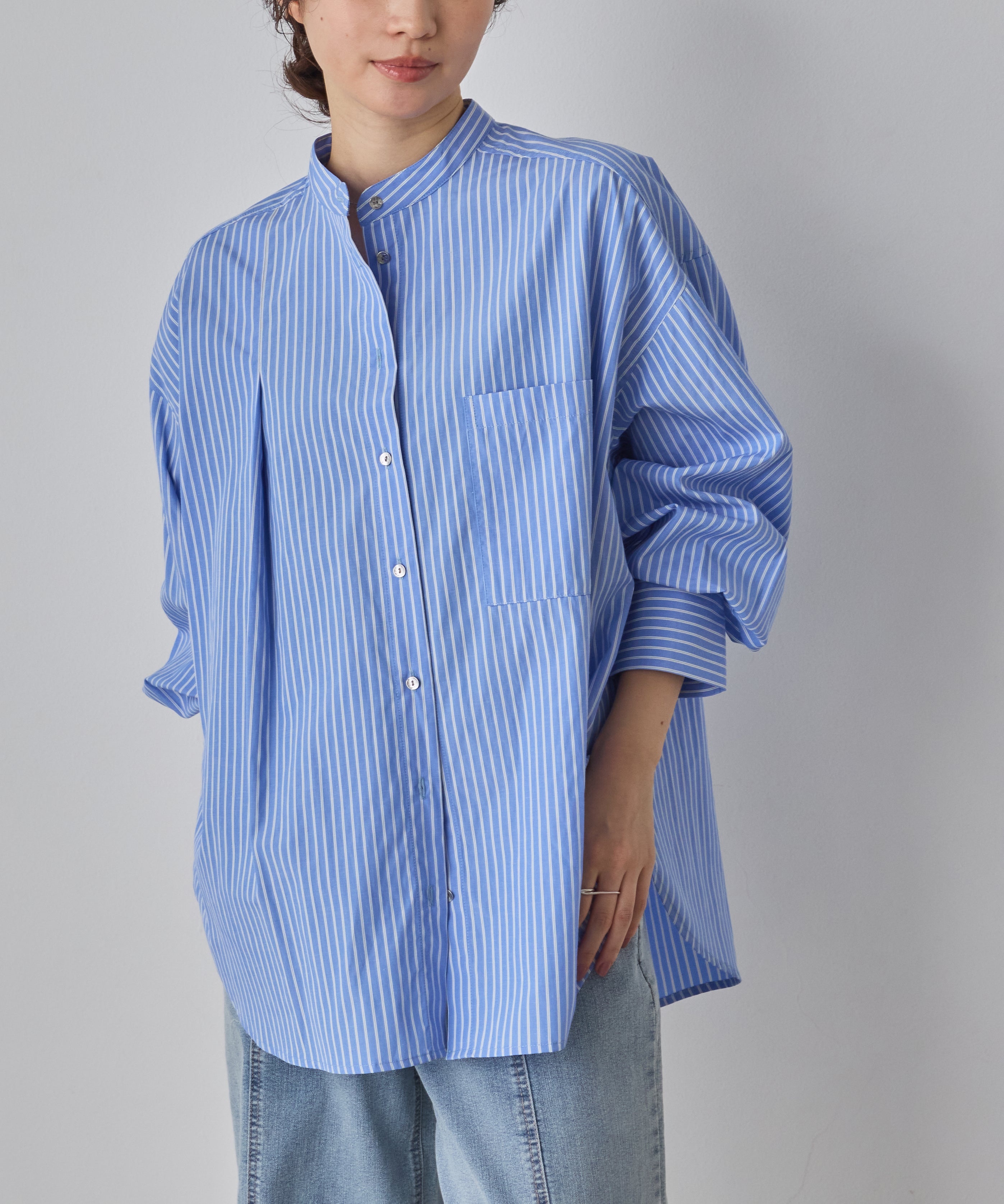 【WEB限定/別注】【イージーケア】バンドカラーオーバーデザインシャツ