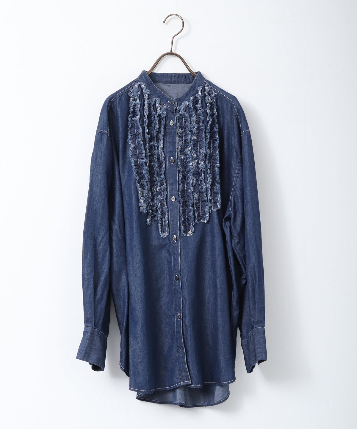 [LIMITED] SLUB-DENIM STRIPED RUFFLED SHIRT