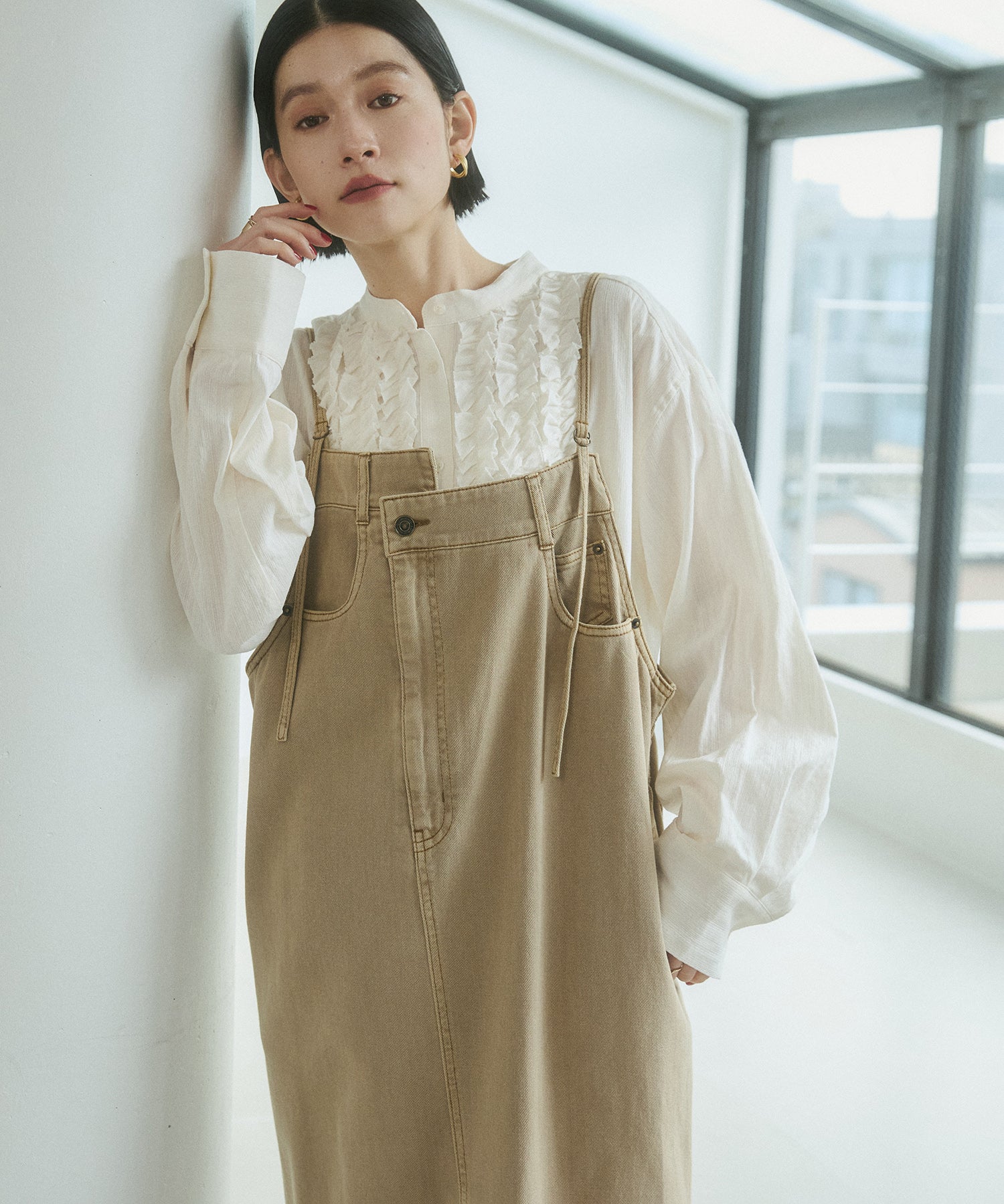 スラブ/デニム ストライプフリルシャツ