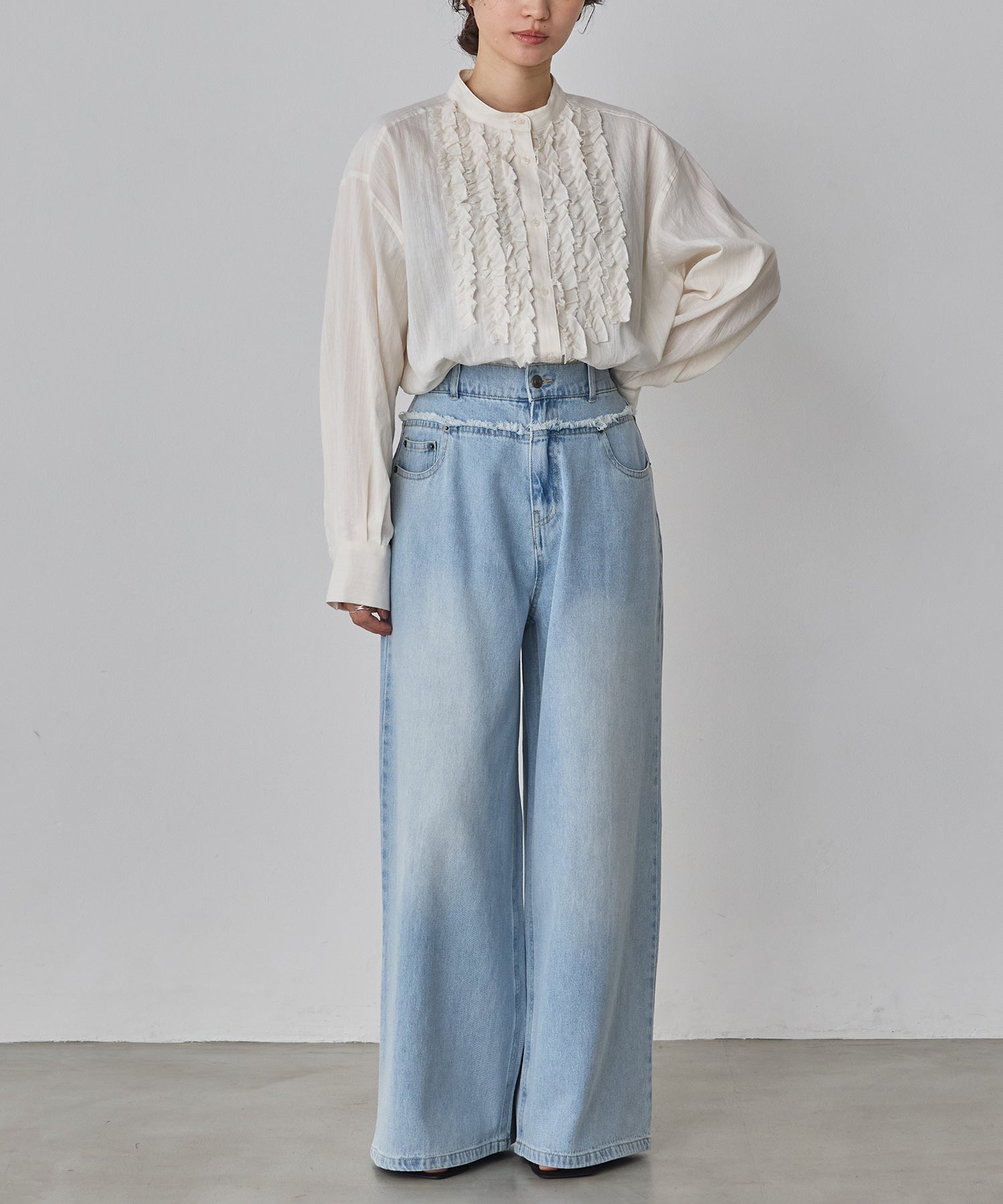 スラブ/デニム ストライプフリルシャツ