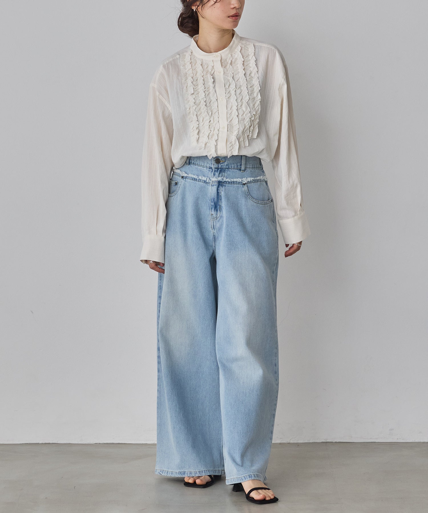 スラブ/デニム ストライプフリルシャツ